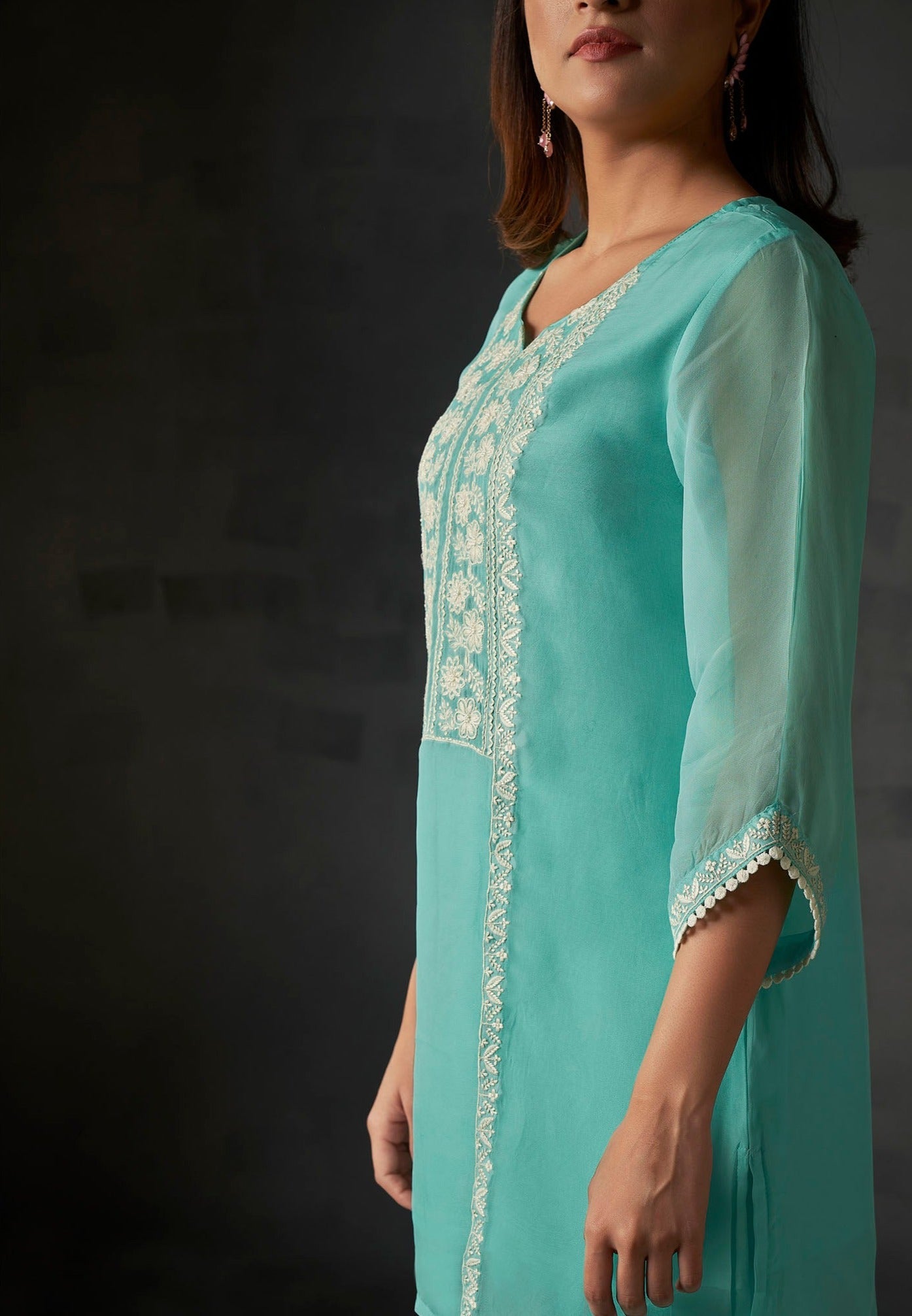 Azure Allure Organza Embroidered Co-ords-fourbuttons-in
