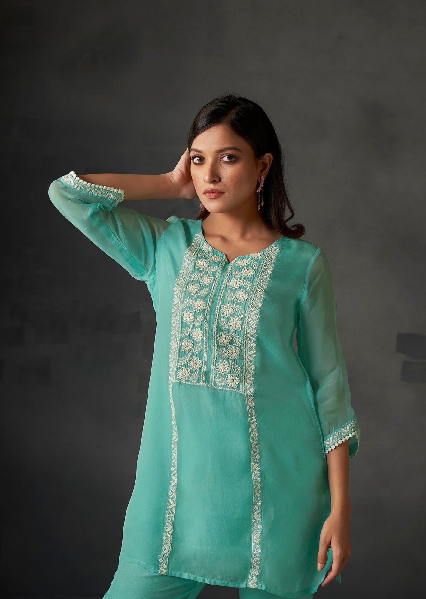 Azure Allure Organza Embroidered Co-ords-fourbuttons-in