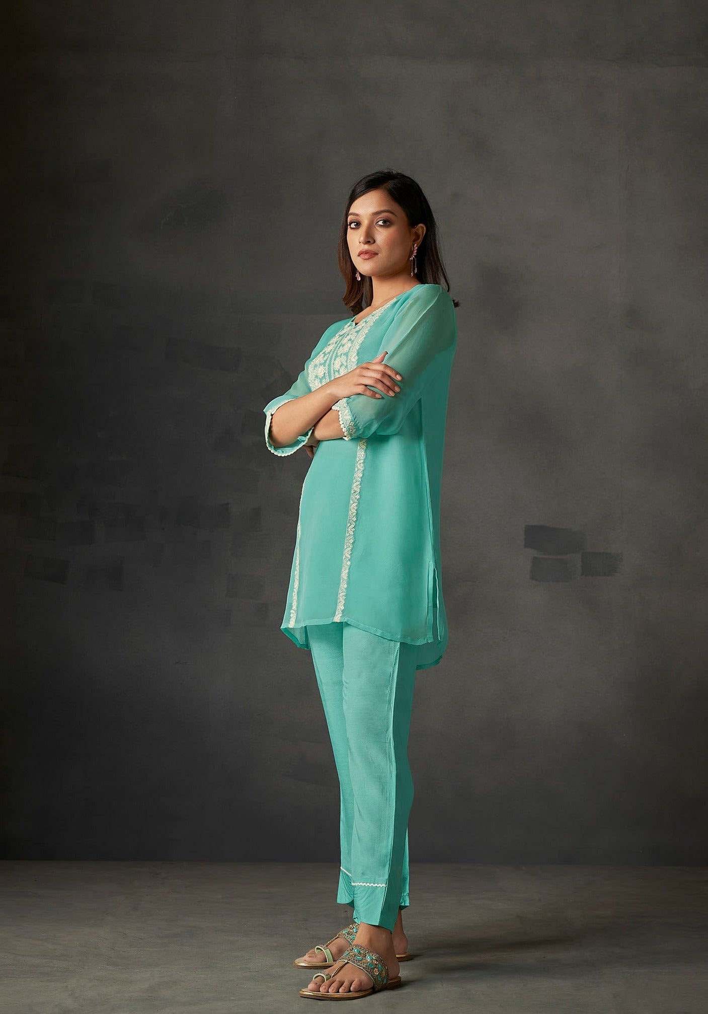 Azure Allure Organza Embroidered Co-ords-fourbuttons-in