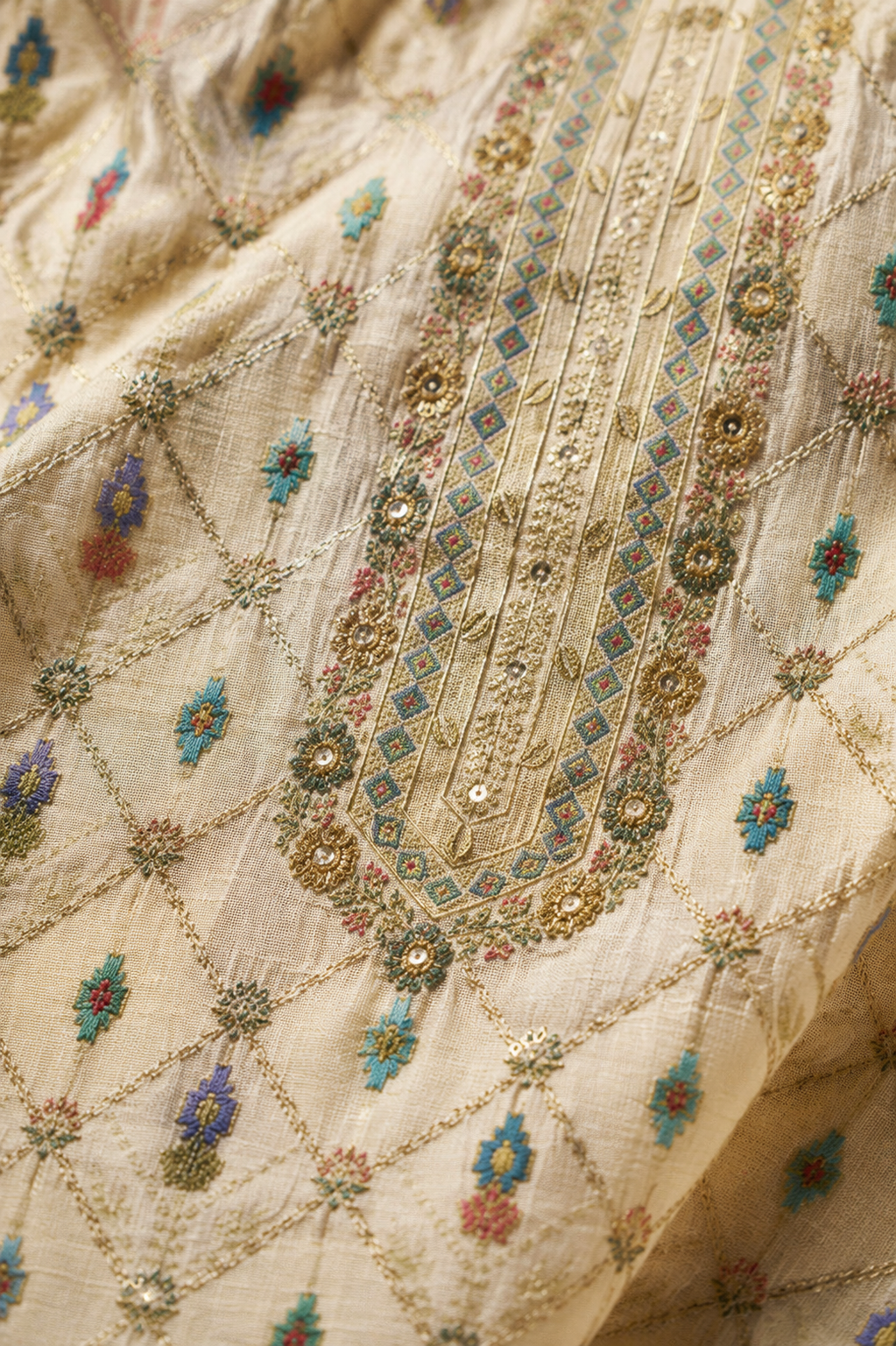 Pearl Cream Position Print Viscose Jacquard Kurta Set