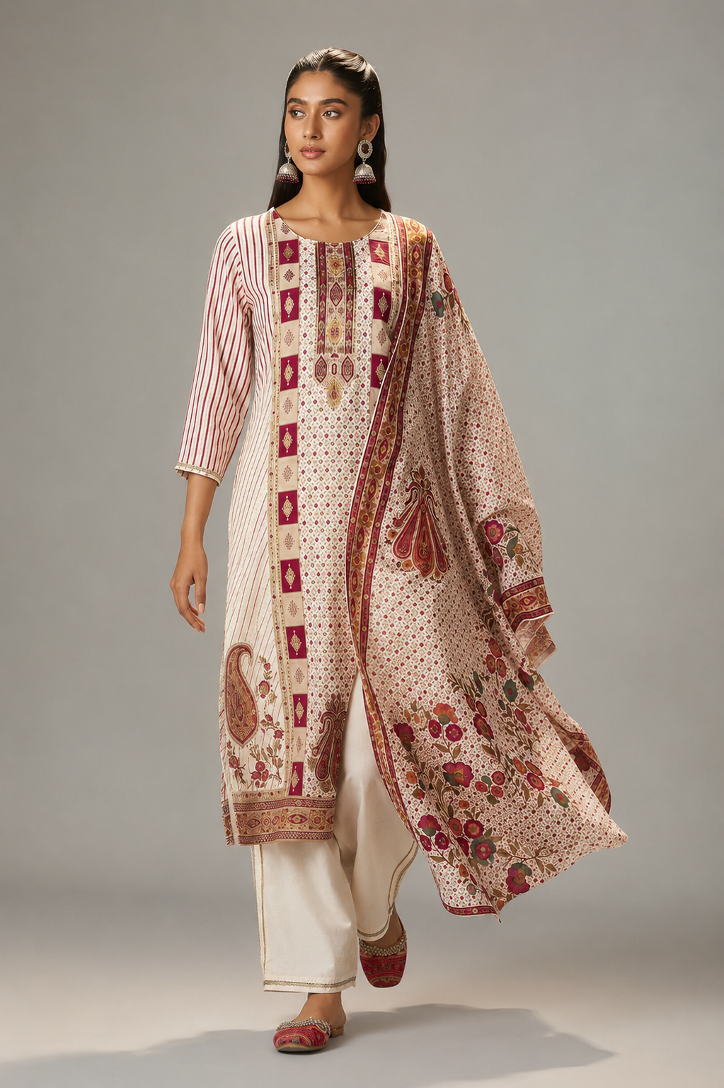Rose-tinted Cream Position Print Viscose Jacquard Kurta Set