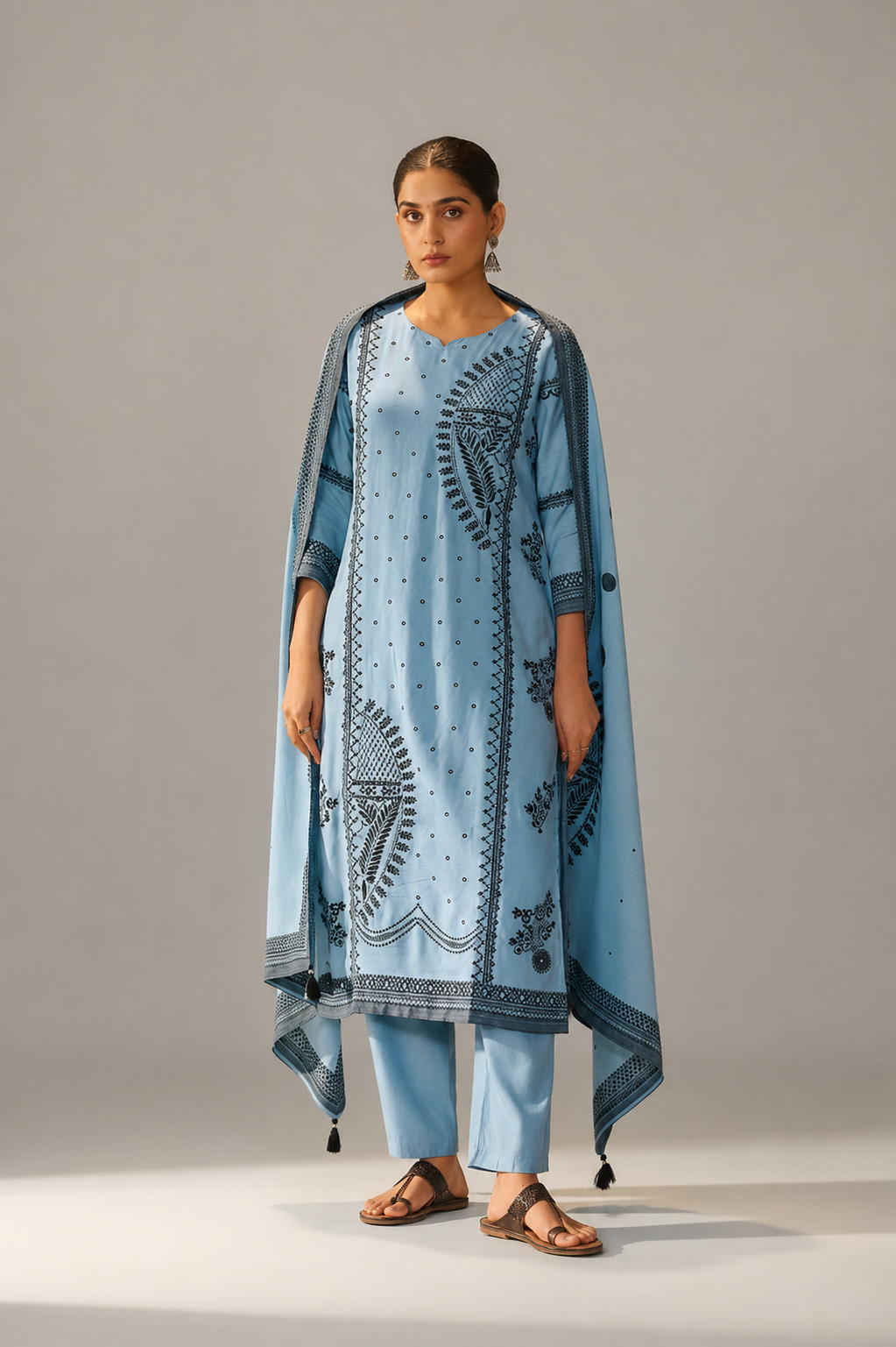 Seafoam Blue Muslin Black Jacquard Kurta Set