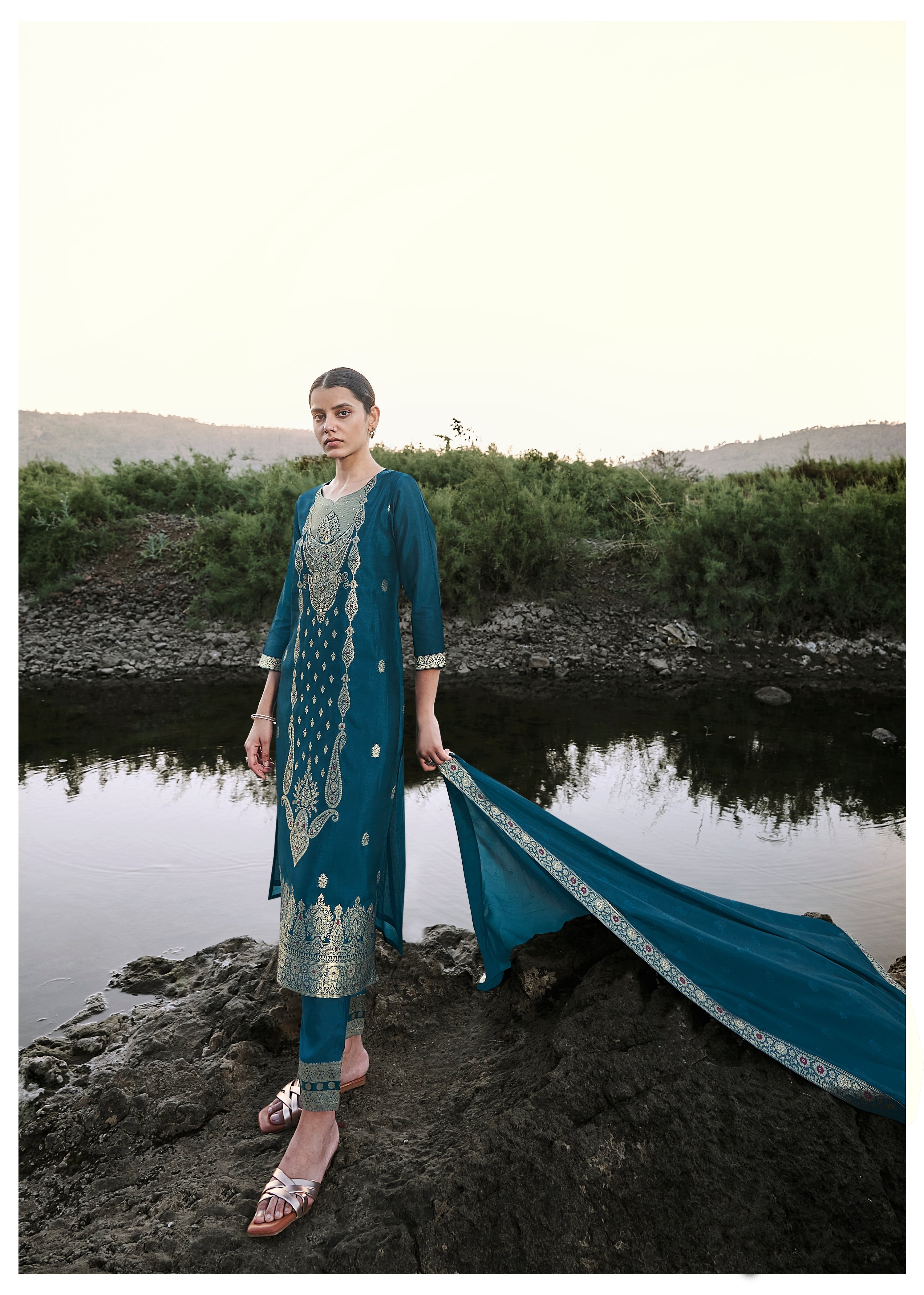 Blue Top Dyed Woven Kurta Set