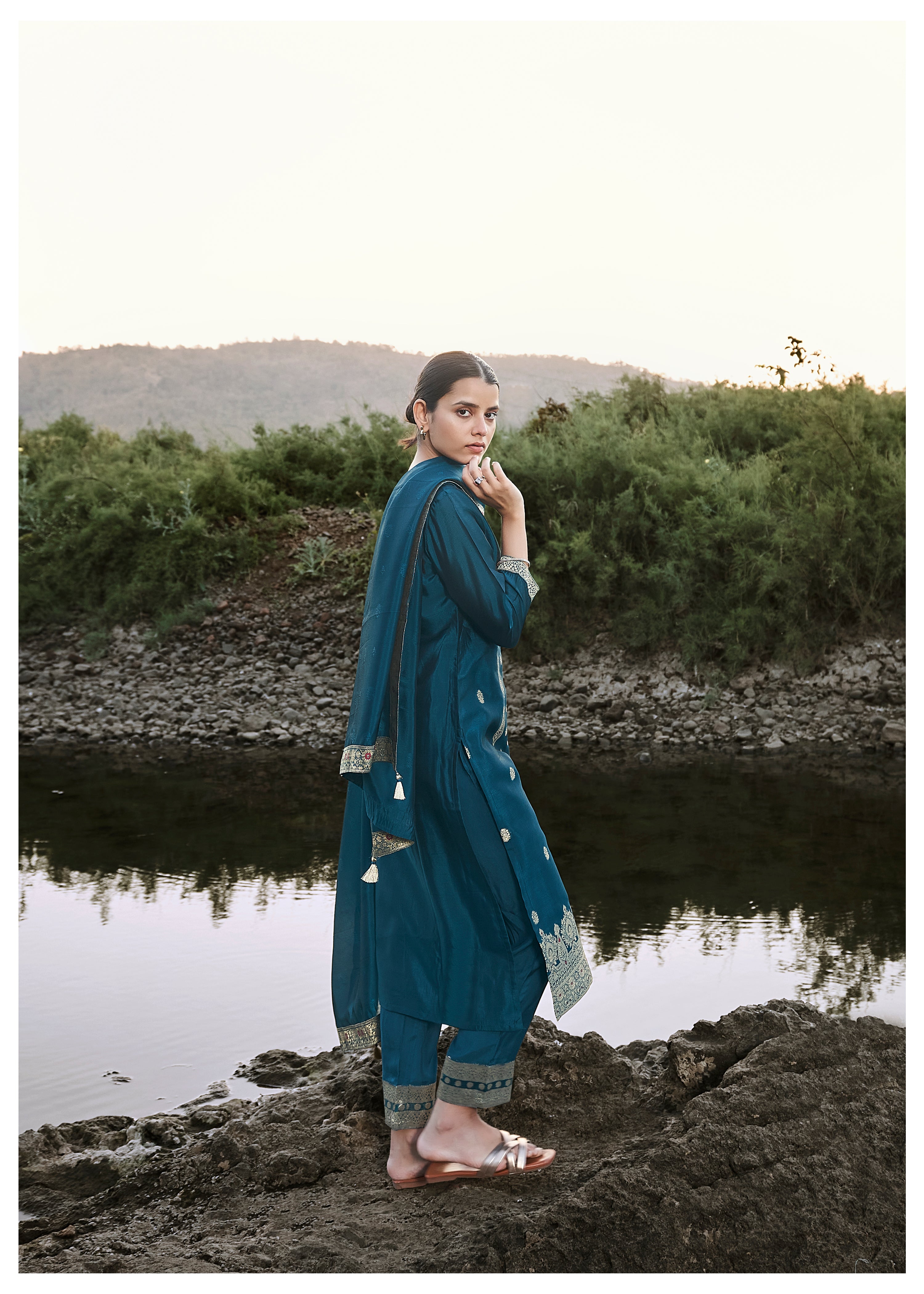 Blue Top Dyed Woven Kurta Set
