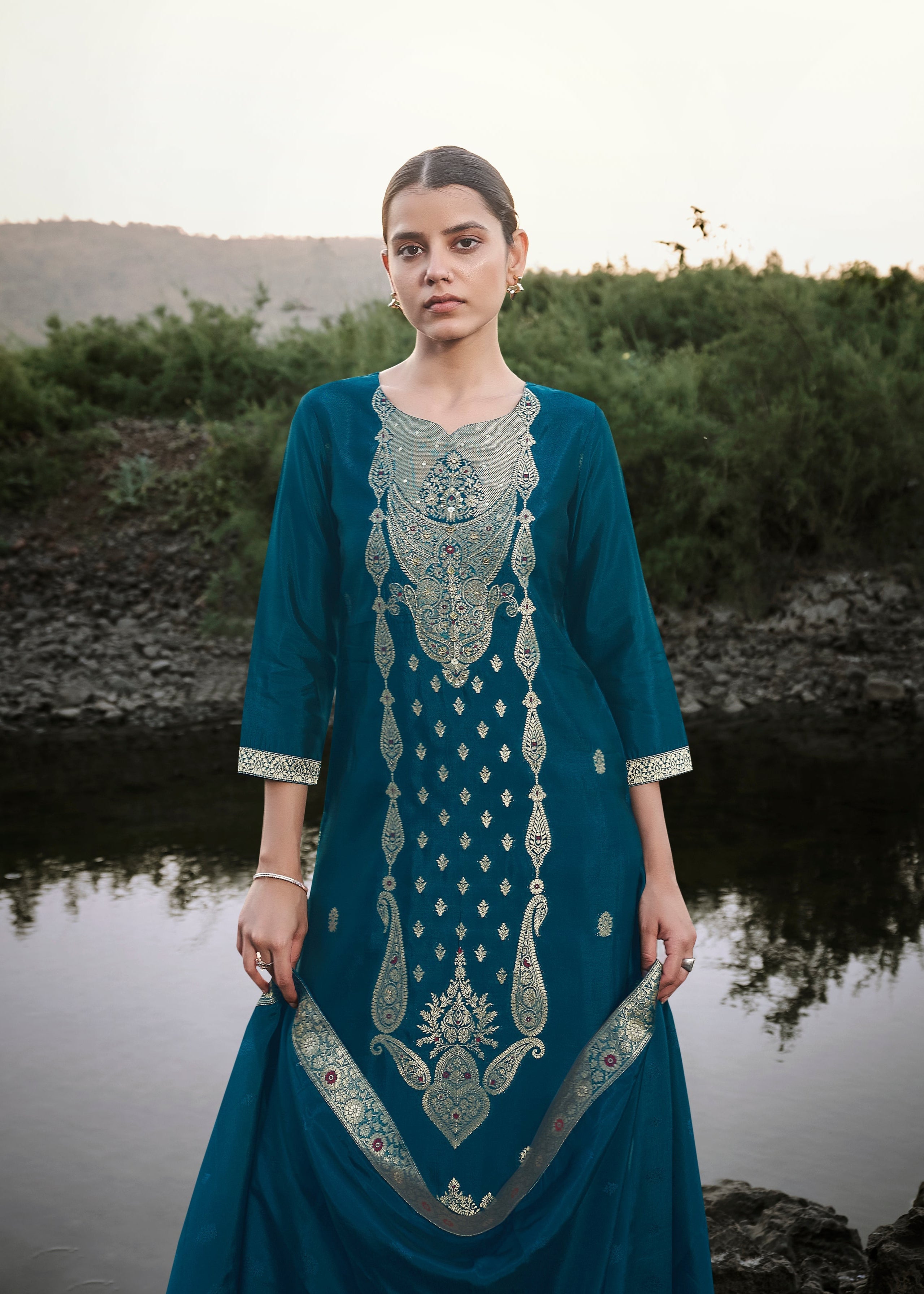 Blue Top Dyed Woven Kurta Set