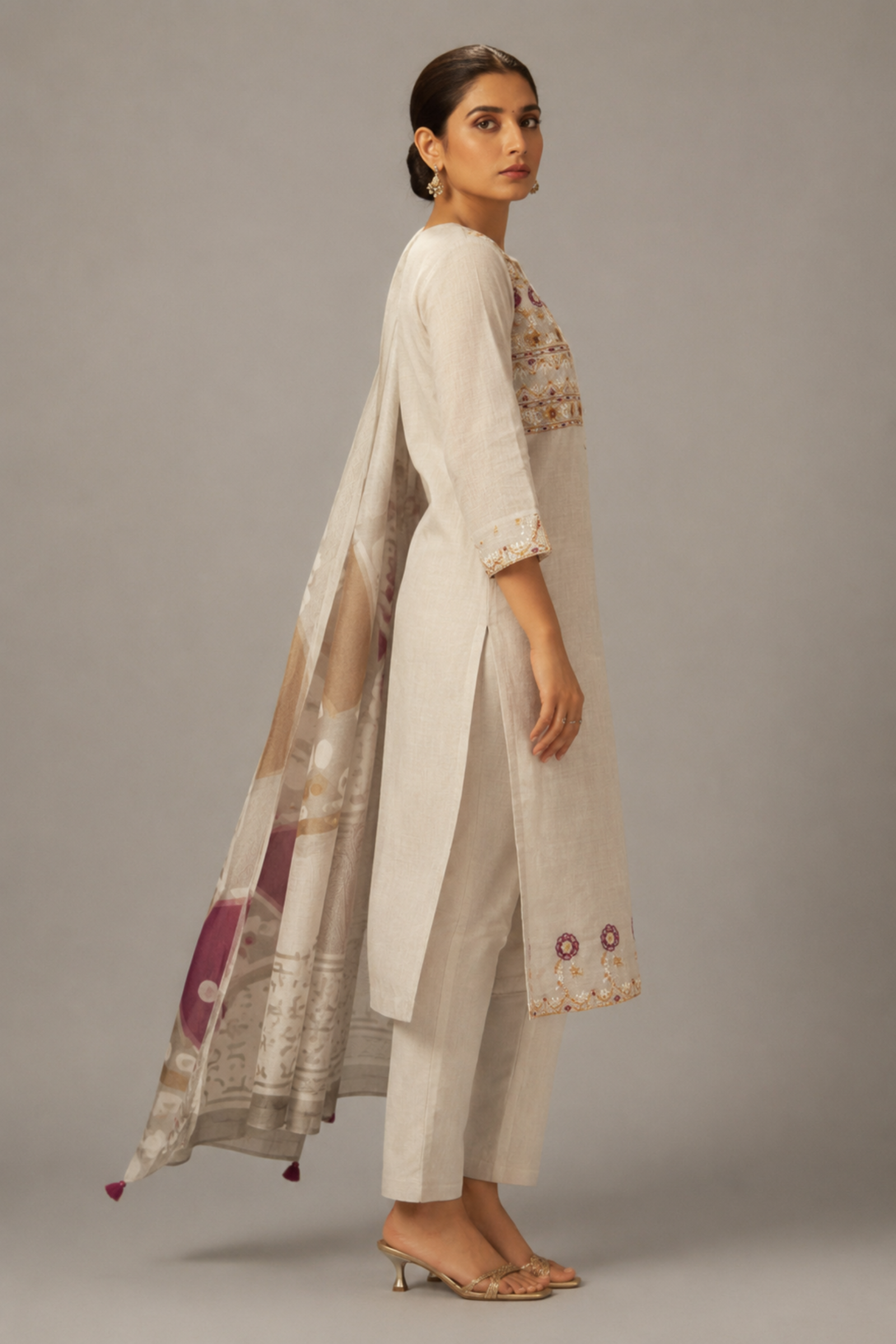 Dove Beige Chanderi Embroidery Kurta Set