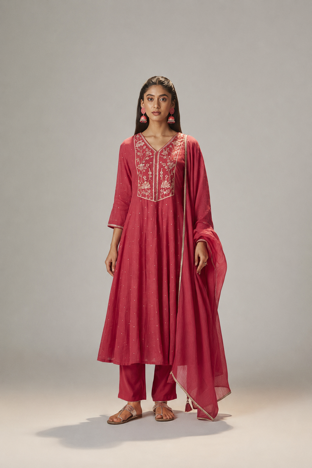 Raspberry Pink Mul Chanderi Embroidery Anarkali Kurta Set