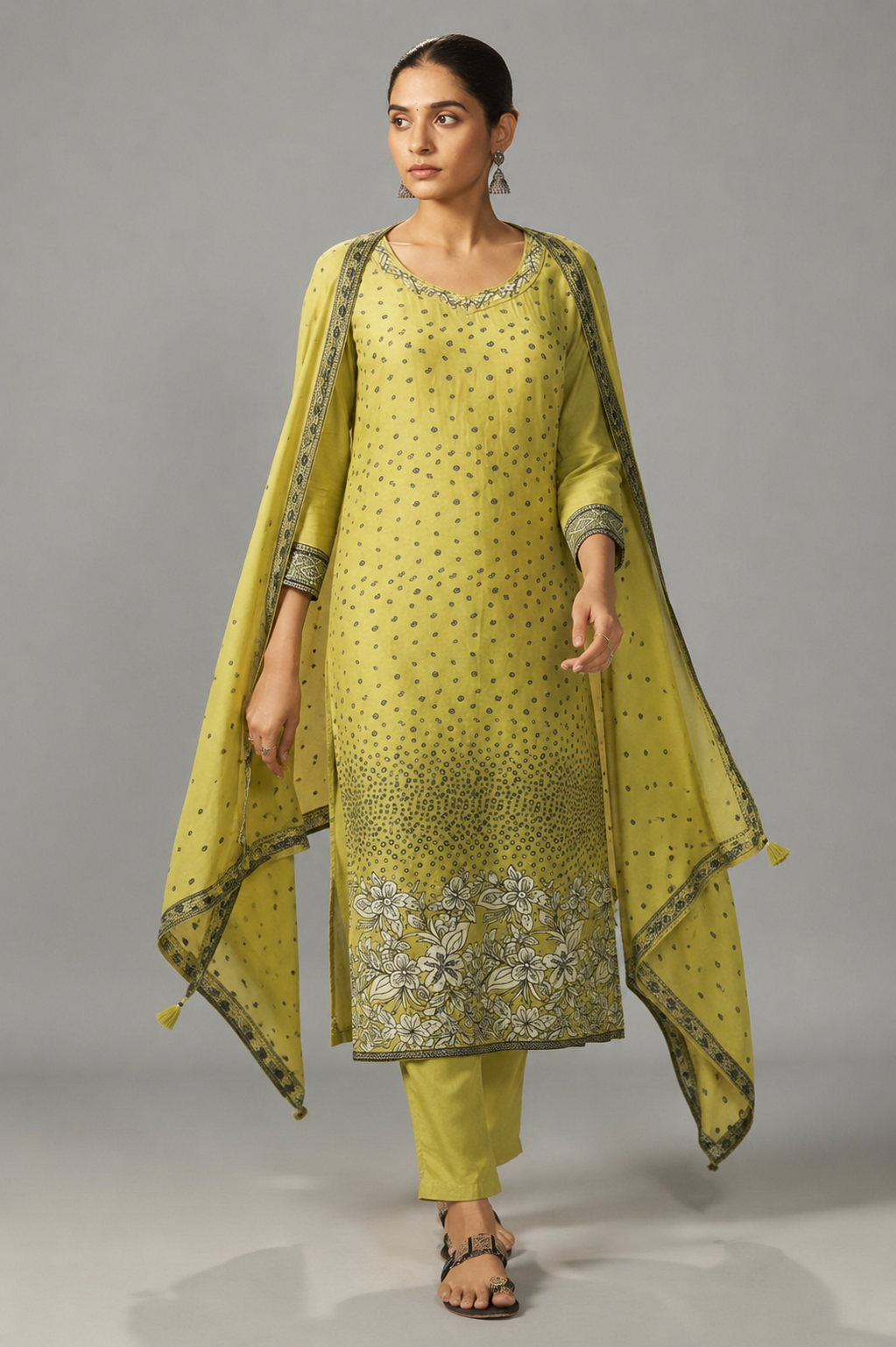 Olive Yellow Muslin Black Jacquard Kurta Set