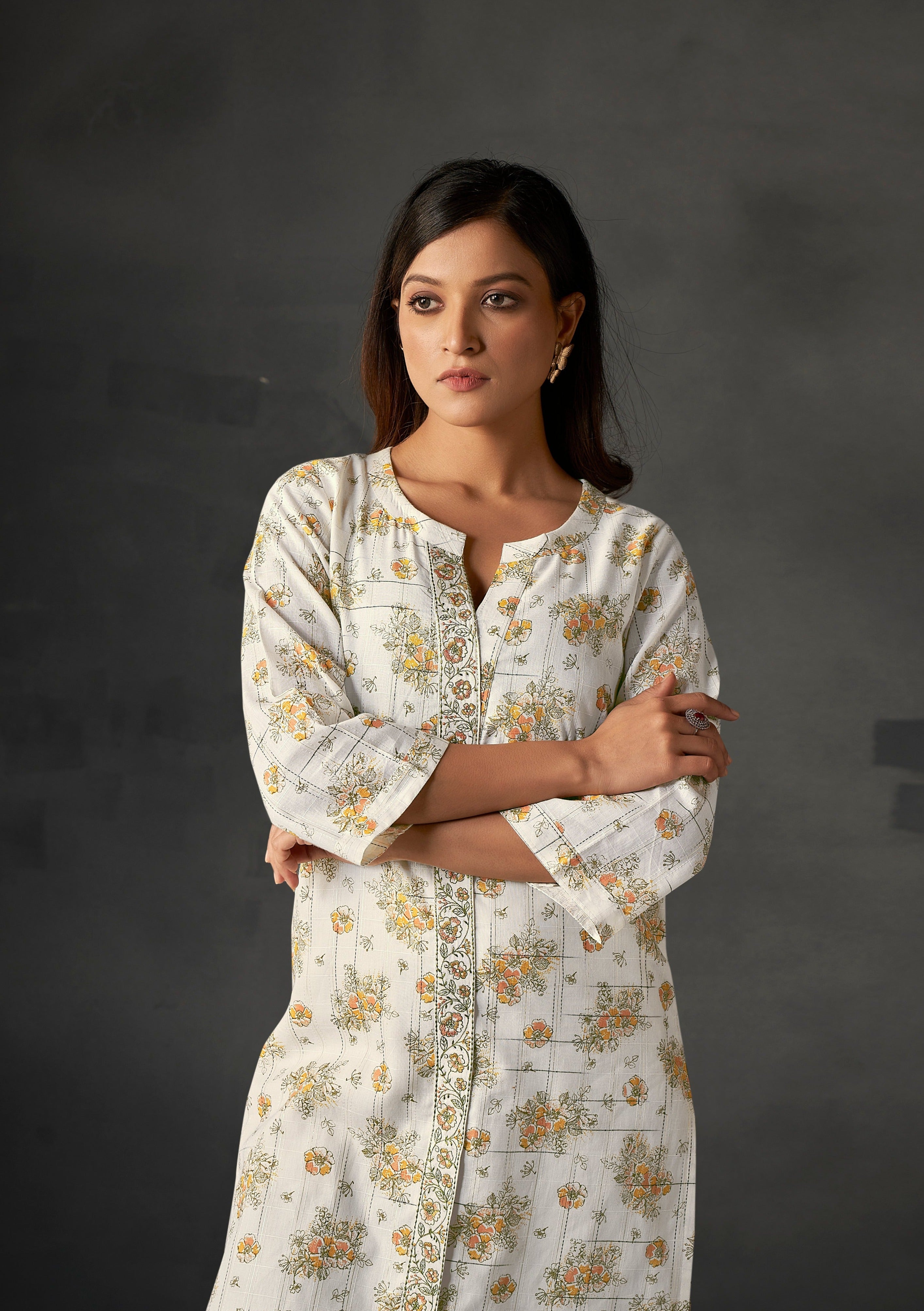 Cream Yarn Dyed Cotton Kurta Set