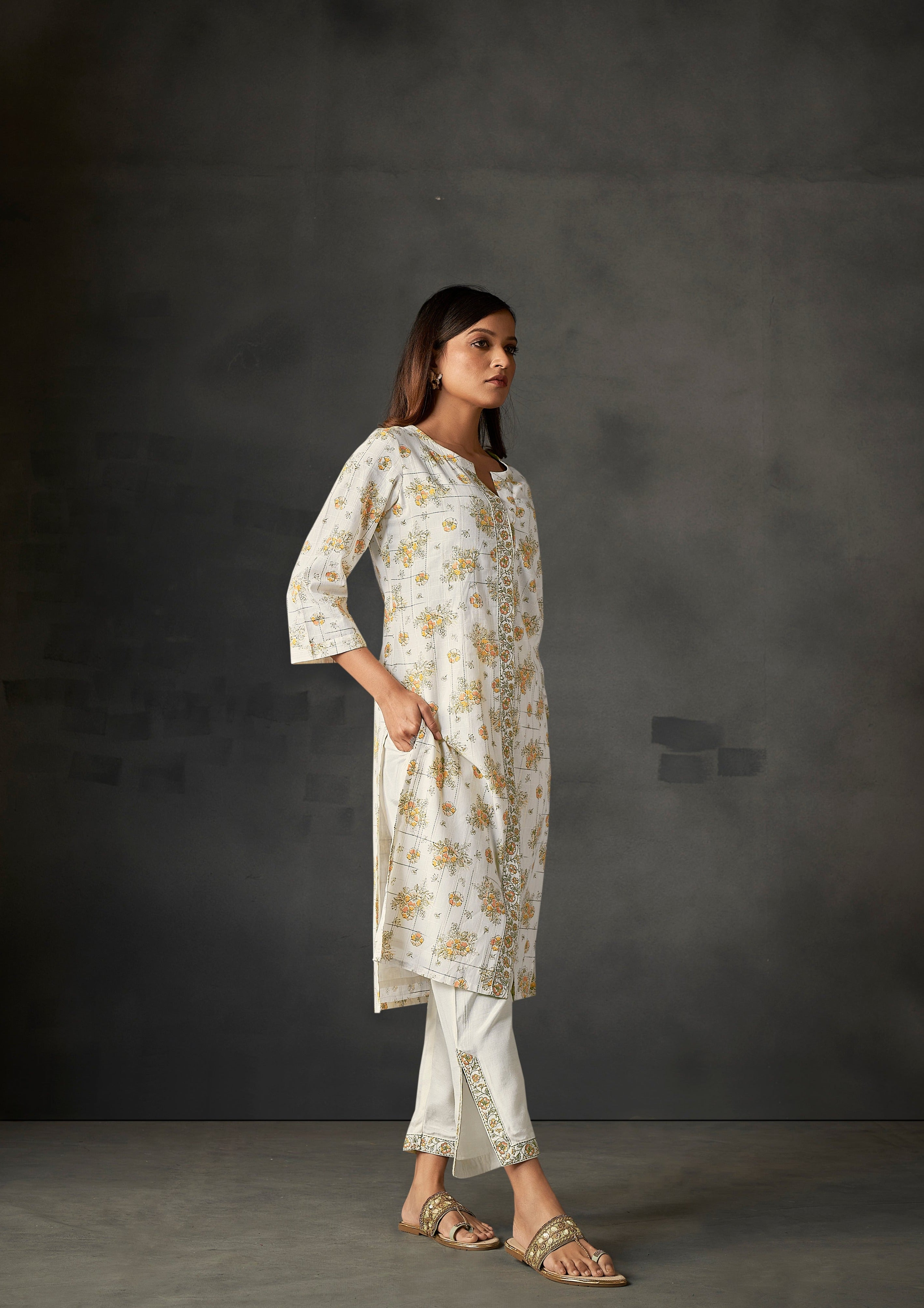 Cream Yarn Dyed Cotton Kurta Set