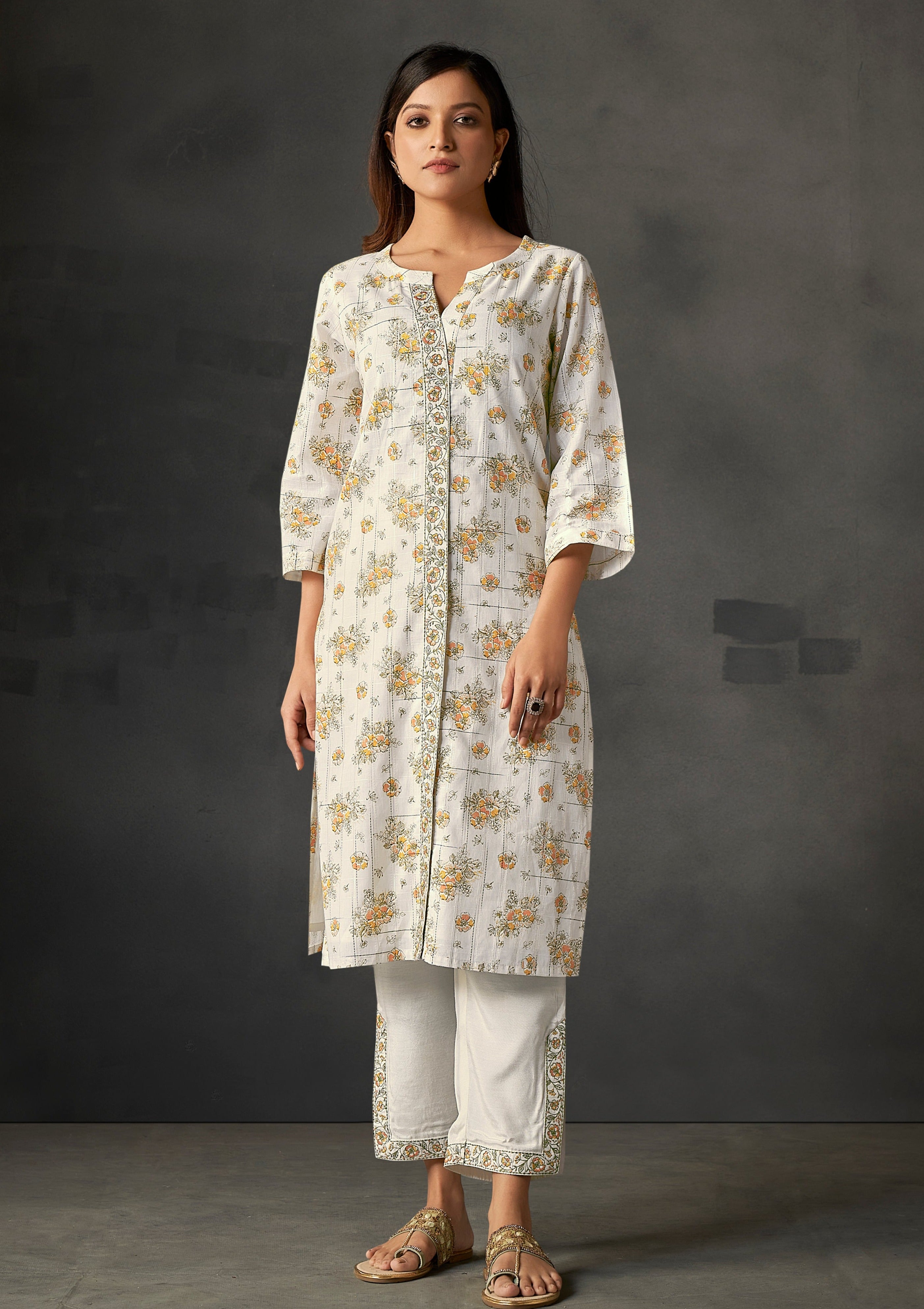 Cream Yarn Dyed Cotton Kurta Set