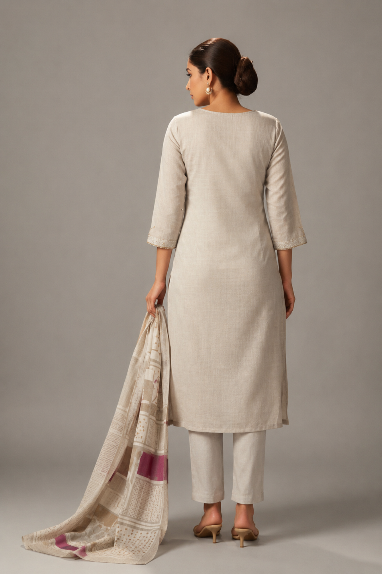 Dove Beige Chanderi Embroidery Kurta Set