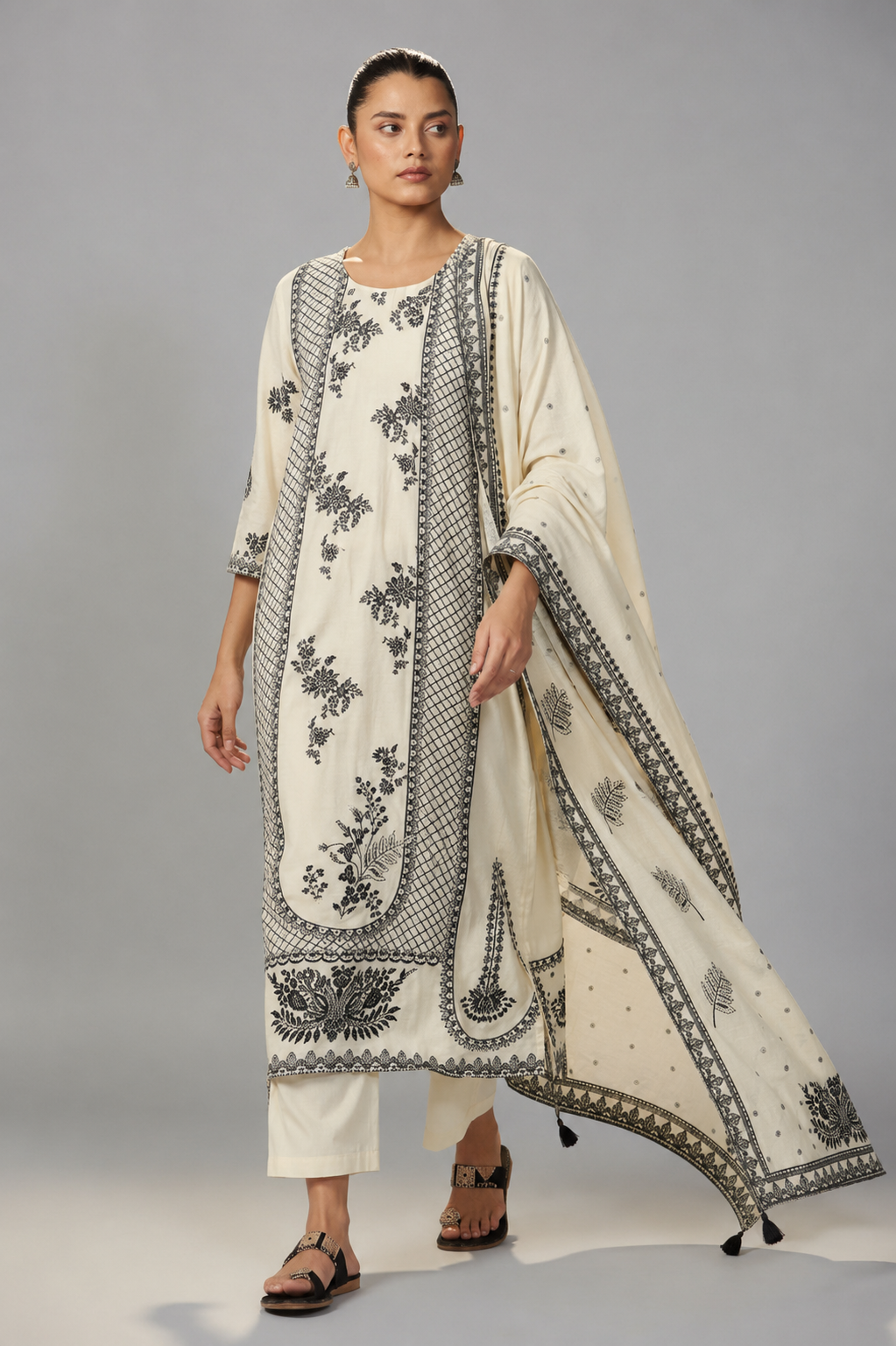 Neutral Cream Muslin Black Jacquard Kurta Set