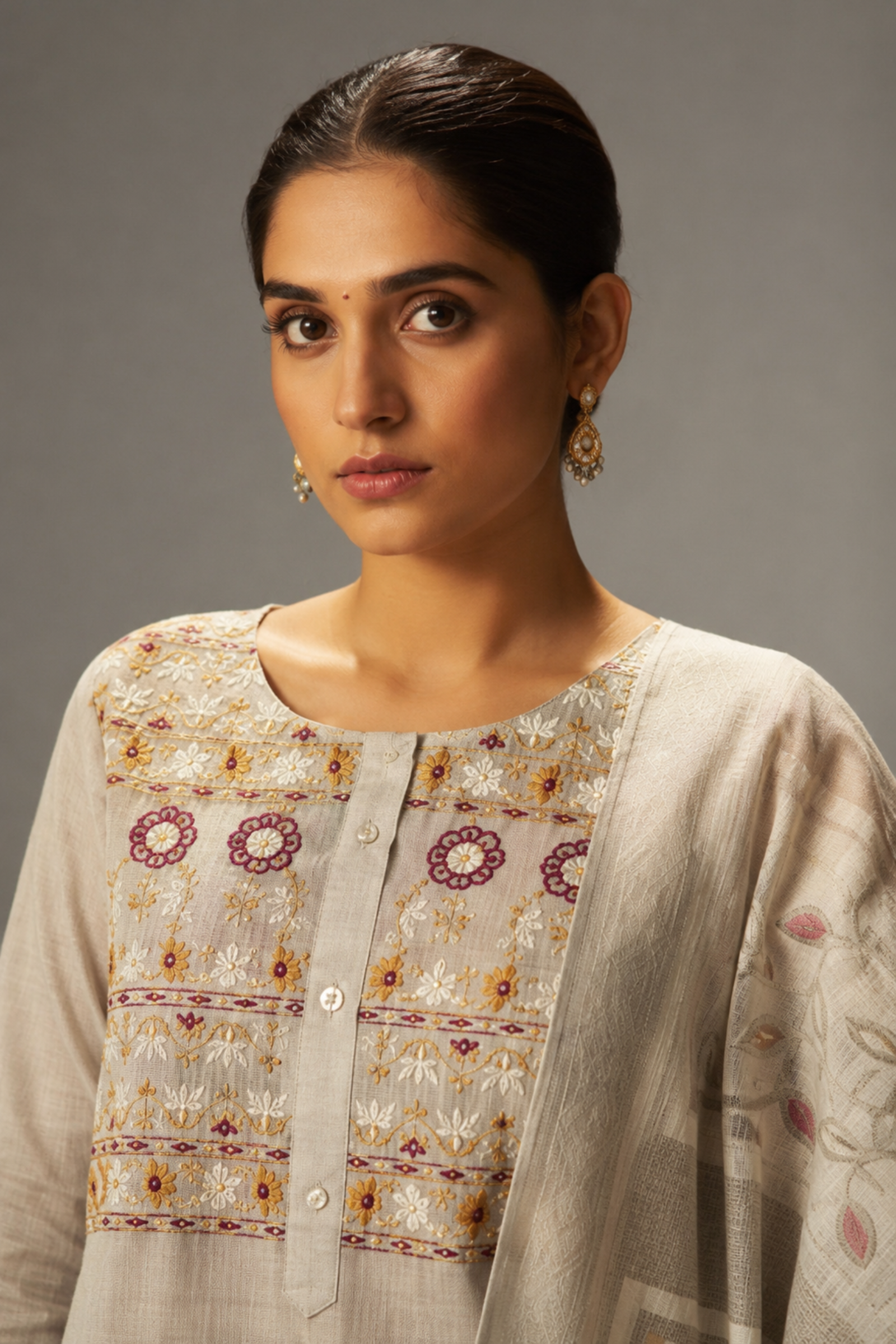 Dove Beige Chanderi Embroidery Kurta Set