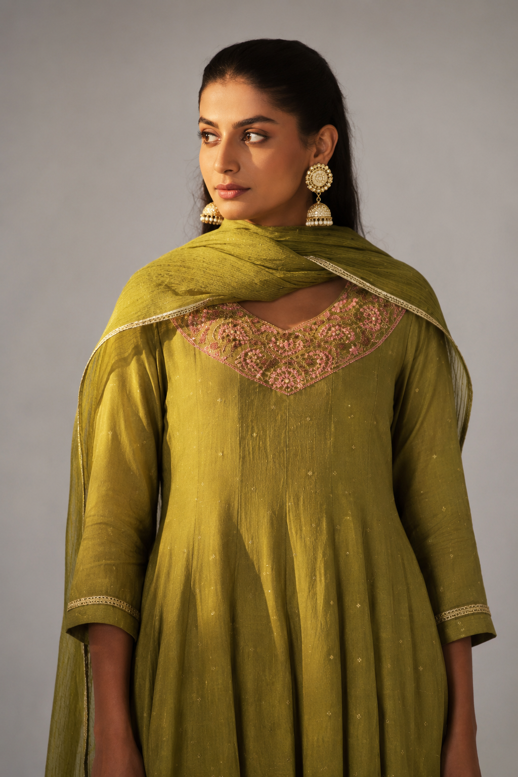 Moss Green Mul Chanderi Embroidery Anarkali Kurta Set