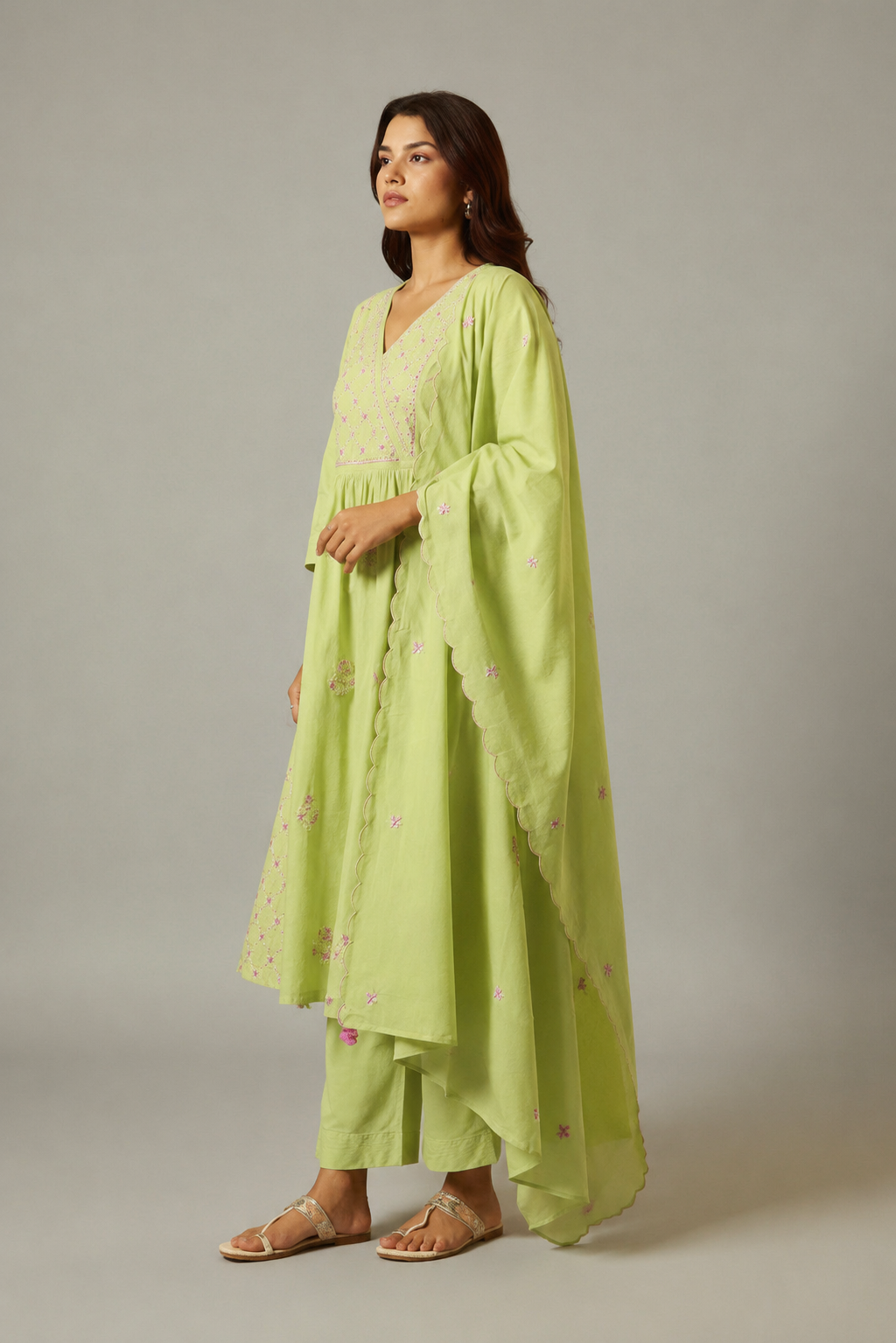 Lime Green A-Line Pure Cotton Embroidery Kurta Set