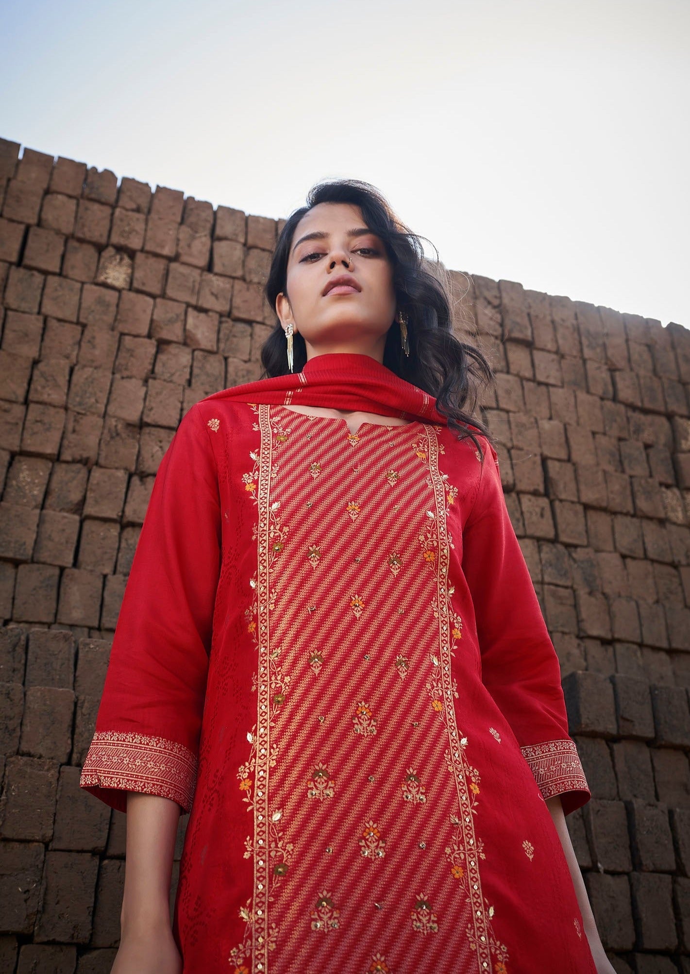 Fiesta Rouge Red Woven Silk Kurta Set