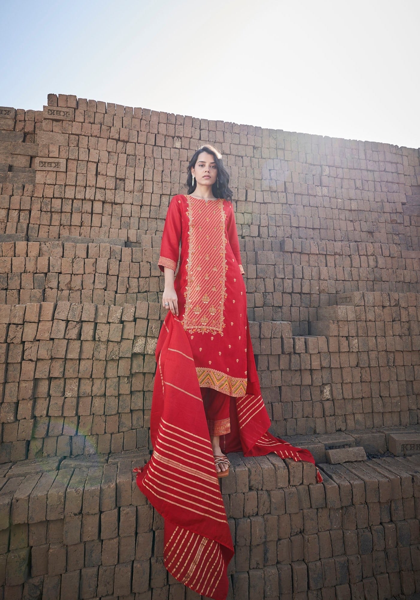 Fiesta Rouge Red Woven Silk Kurta Set