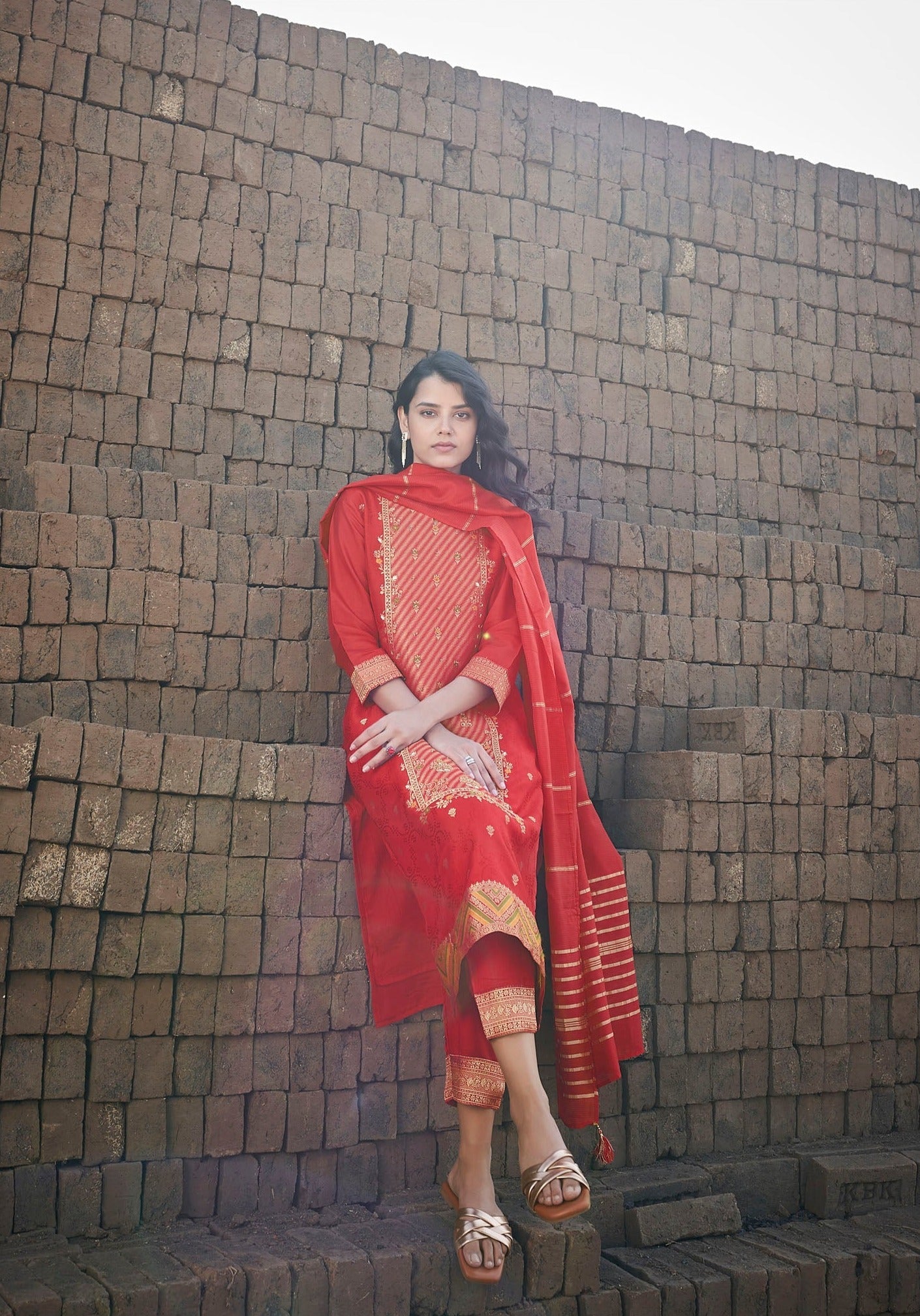 Fiesta Rouge Red Woven Silk Kurta Set
