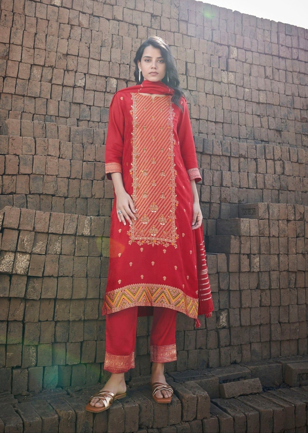 Fiesta Rouge Red Woven Silk Kurta Set