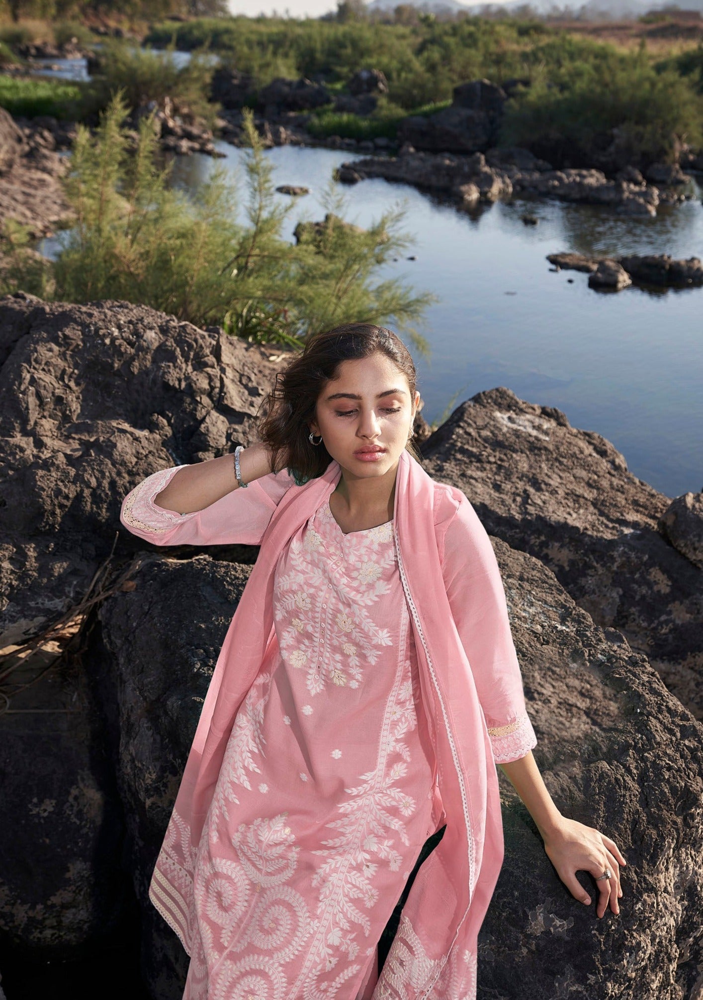 Flamingo Pigmented Woven Silk Kurta Set