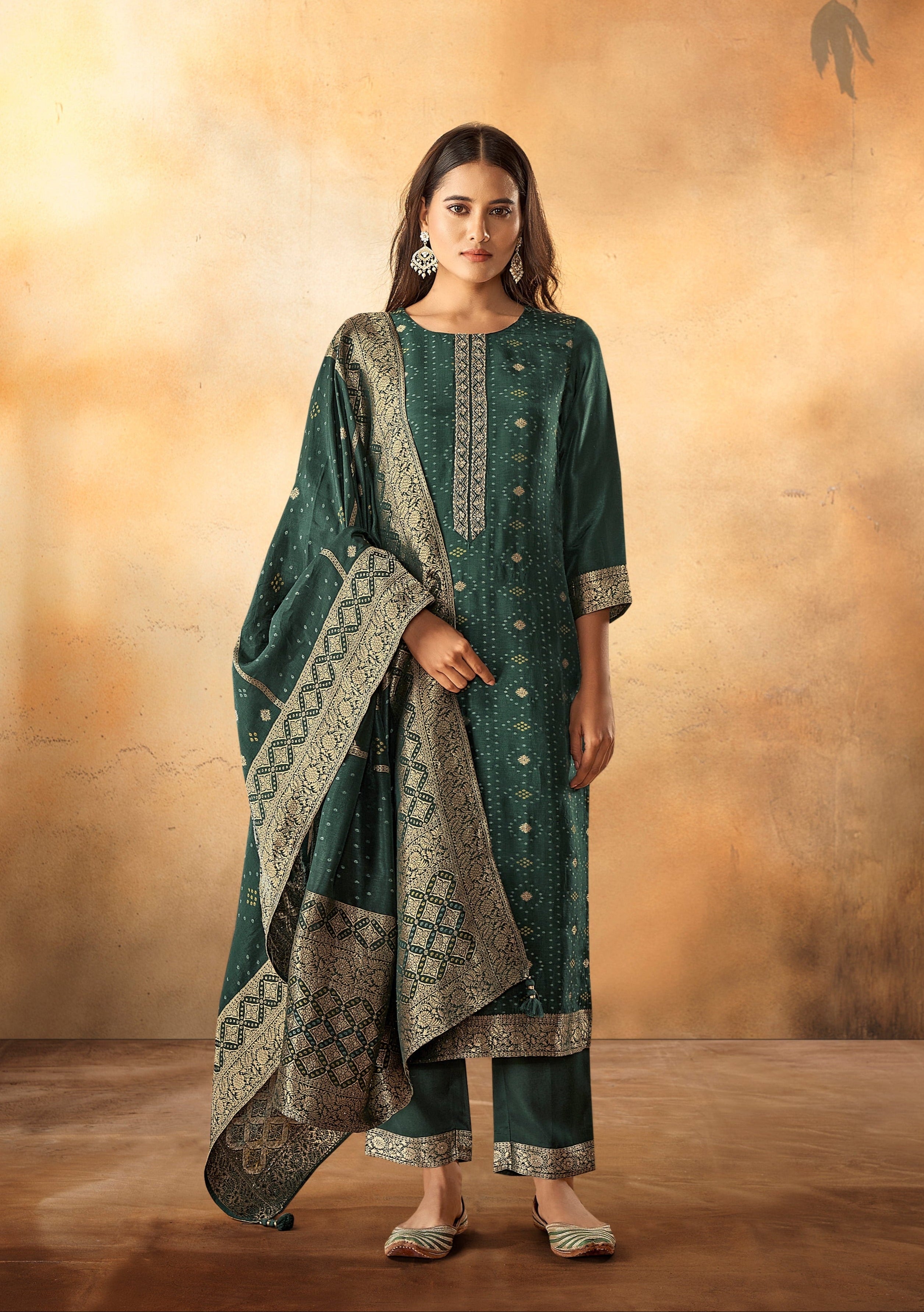 Green Bandhani Woven Oasis Silk Kurta Set