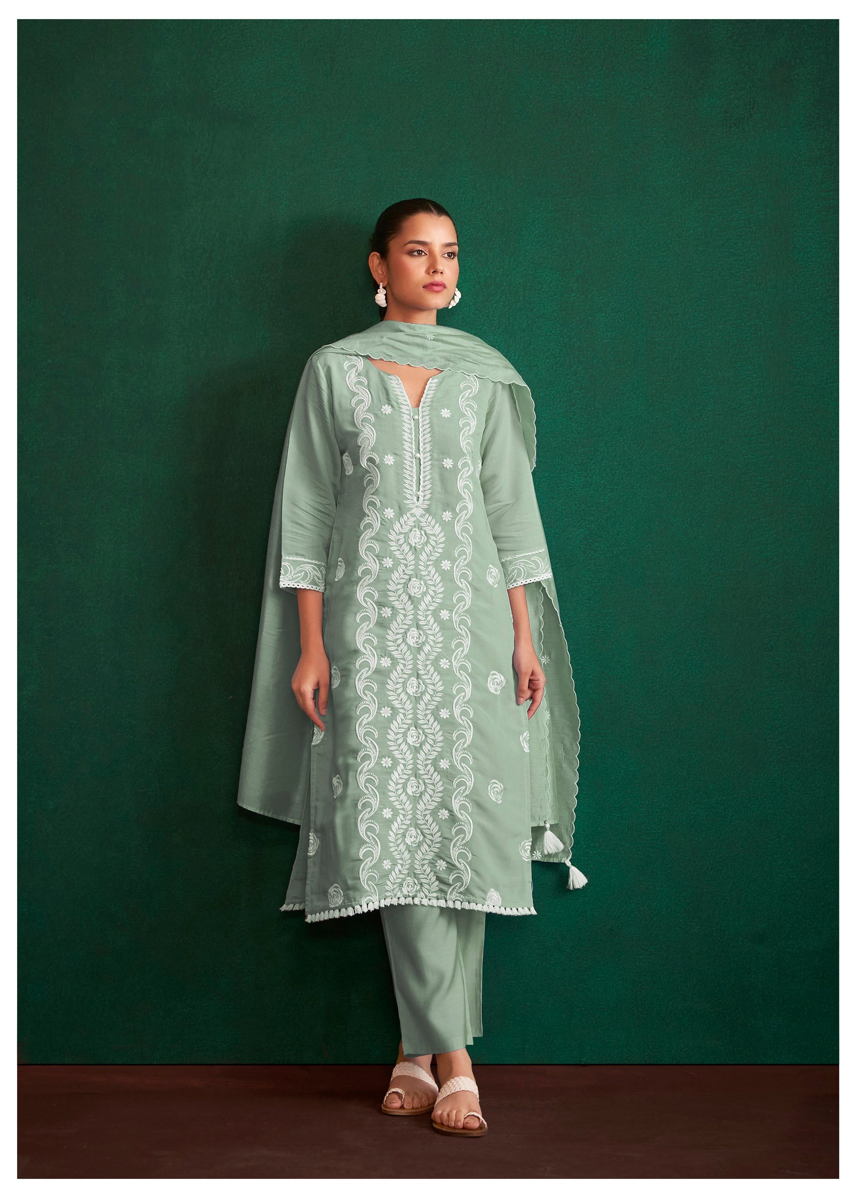 Subtle Sage Chikankari Chanderi Kurta Set