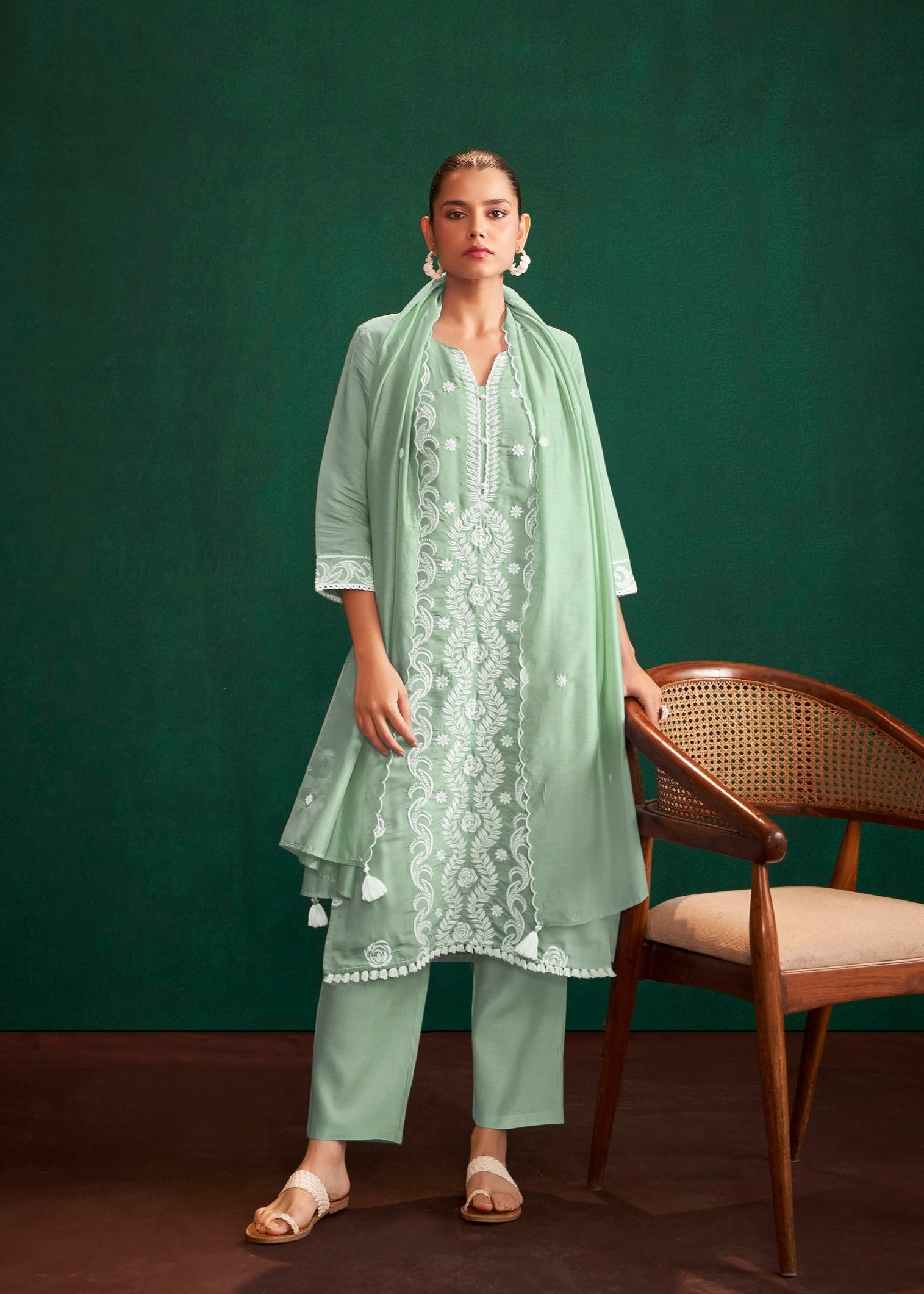 Subtle Sage Chikankari Chanderi Kurta Set
