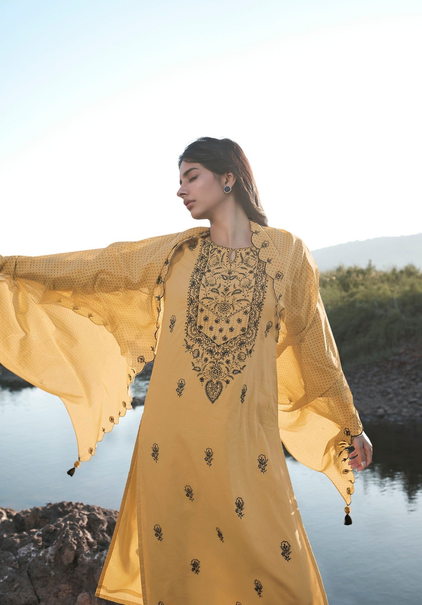 Maize Cotton Soft Black Embroidery Kurta Set