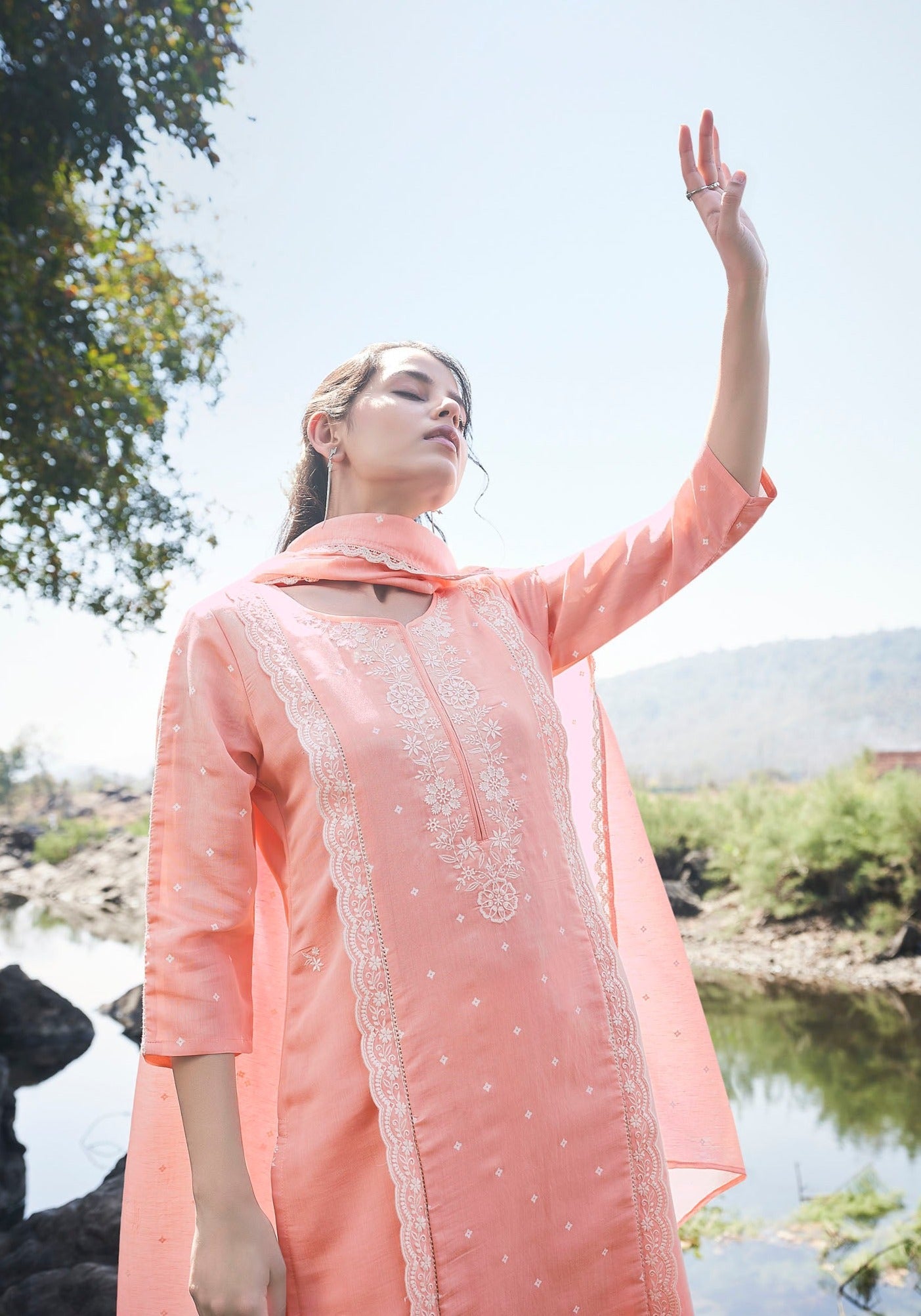Peach Chikankari Kurta Set
