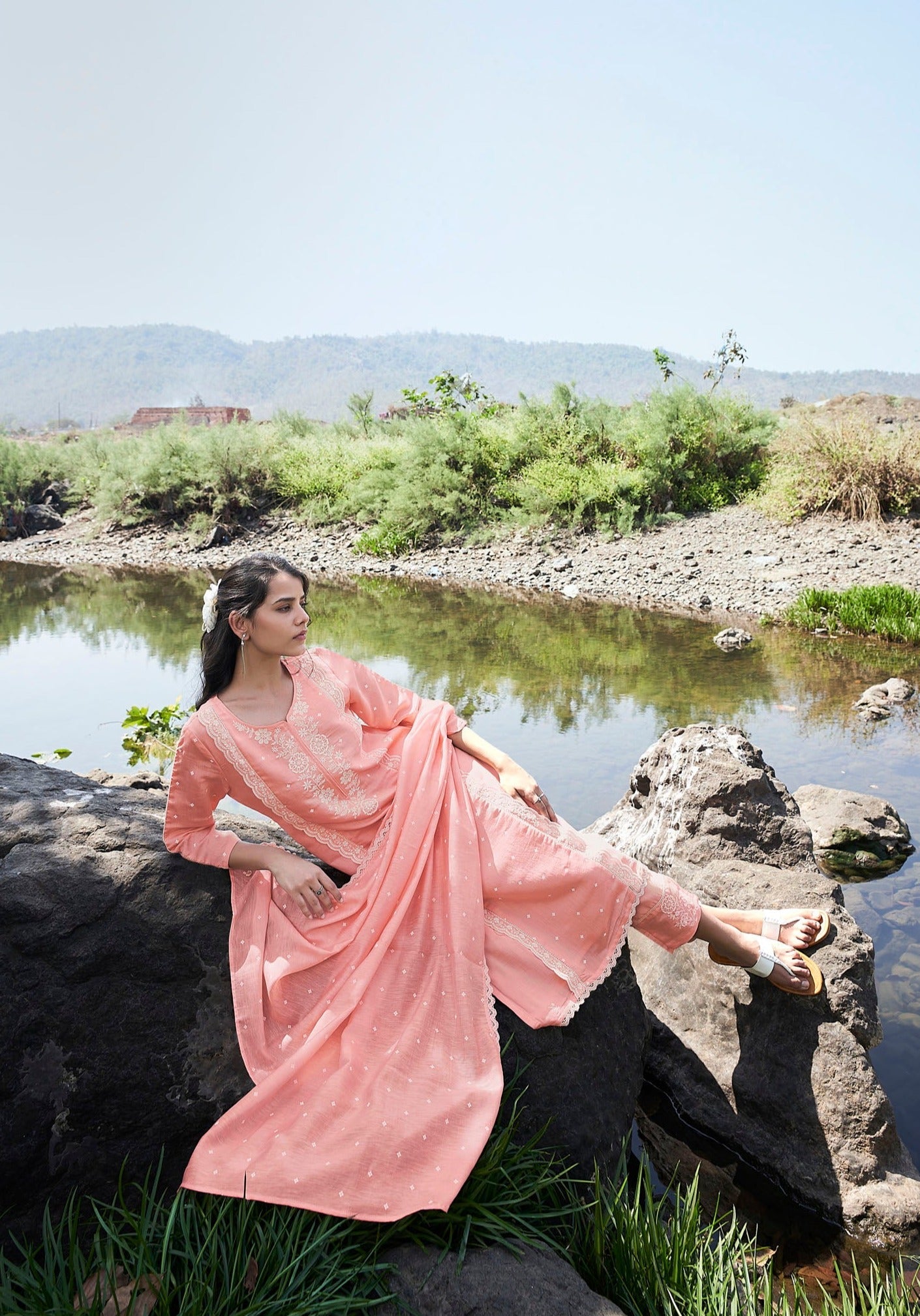 Peach Chikankari Kurta Set