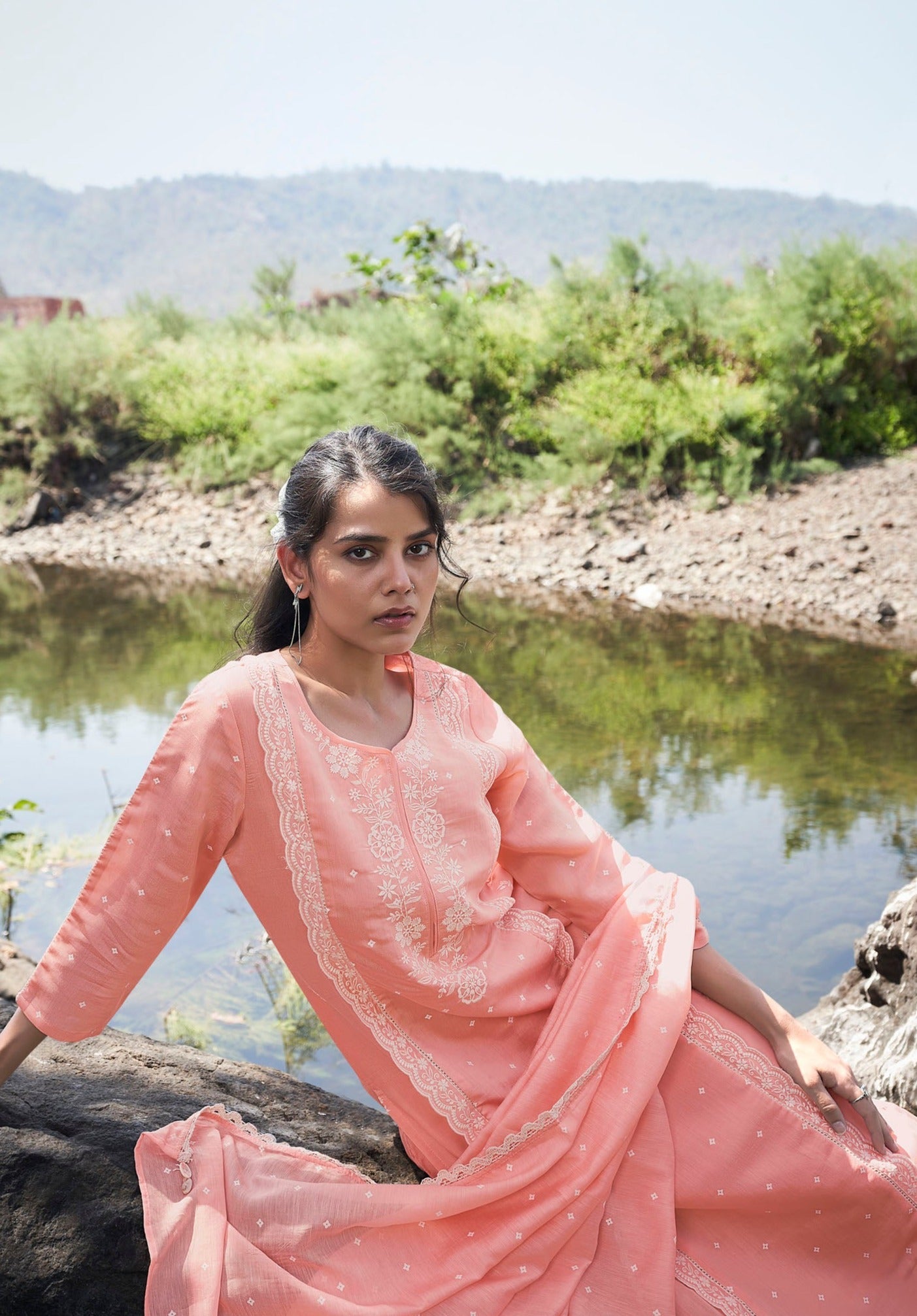 Peach Chikankari Kurta Set