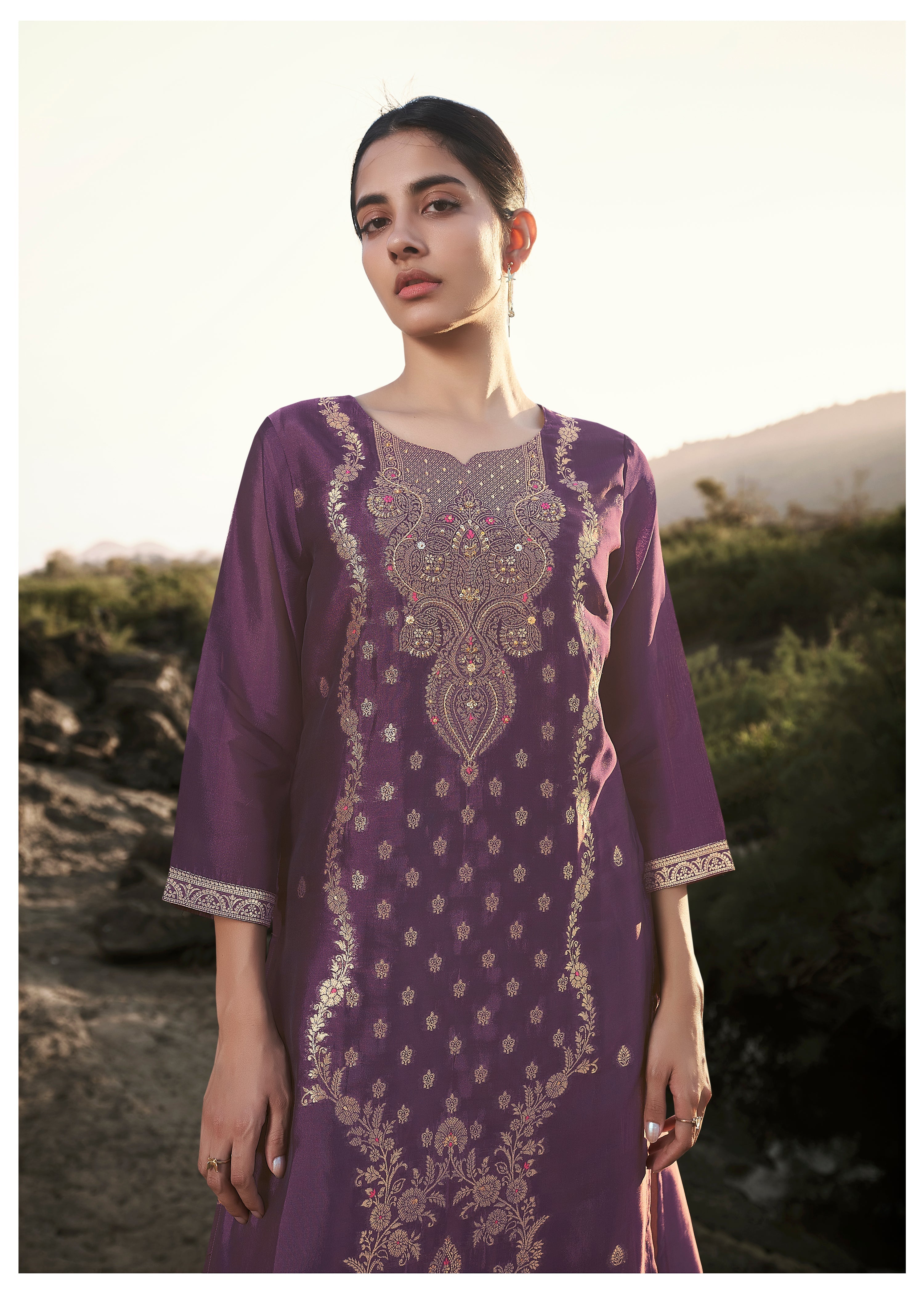 Purple Top Dyed Woven Kurta Set