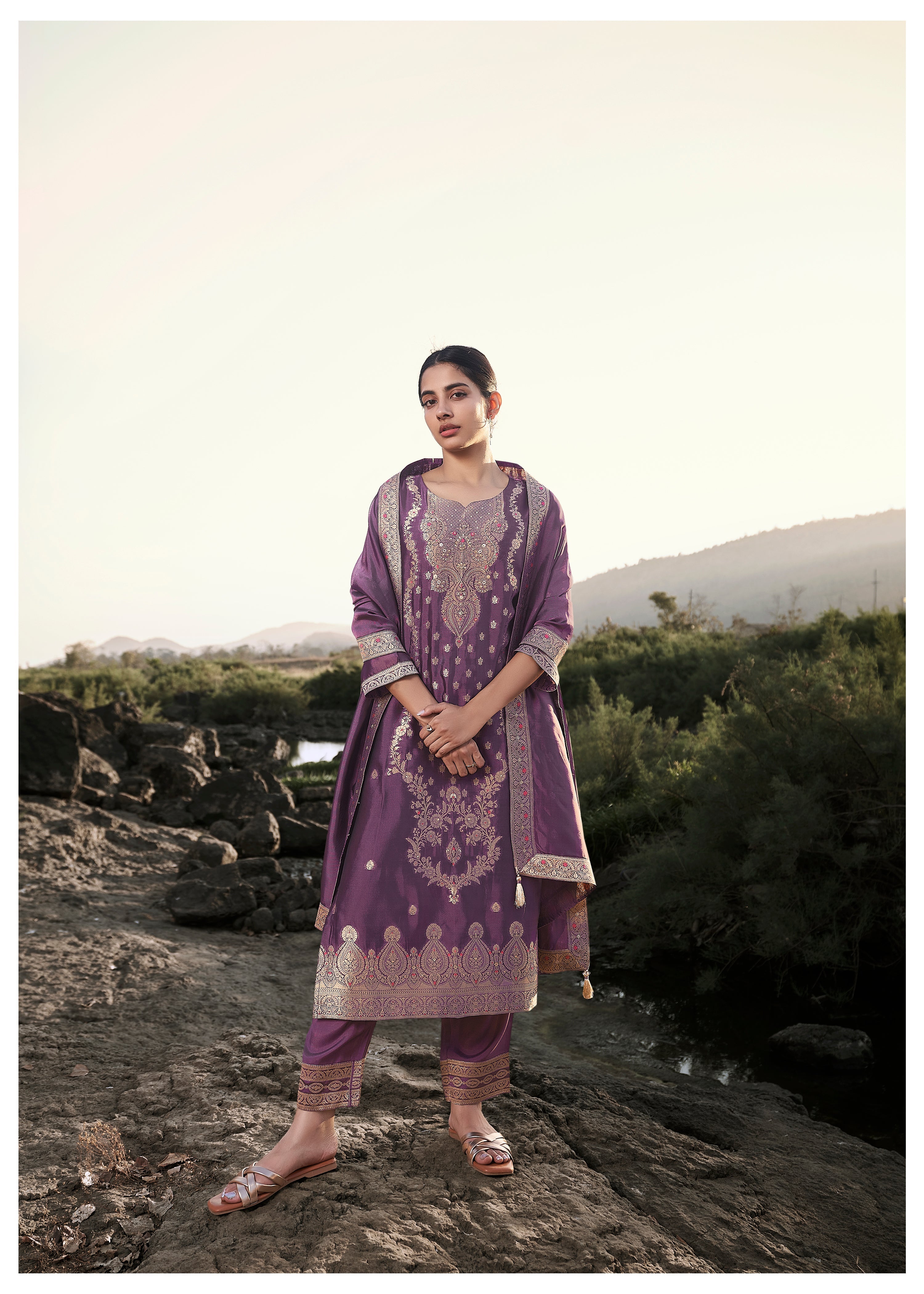 Purple Top Dyed Woven Kurta Set