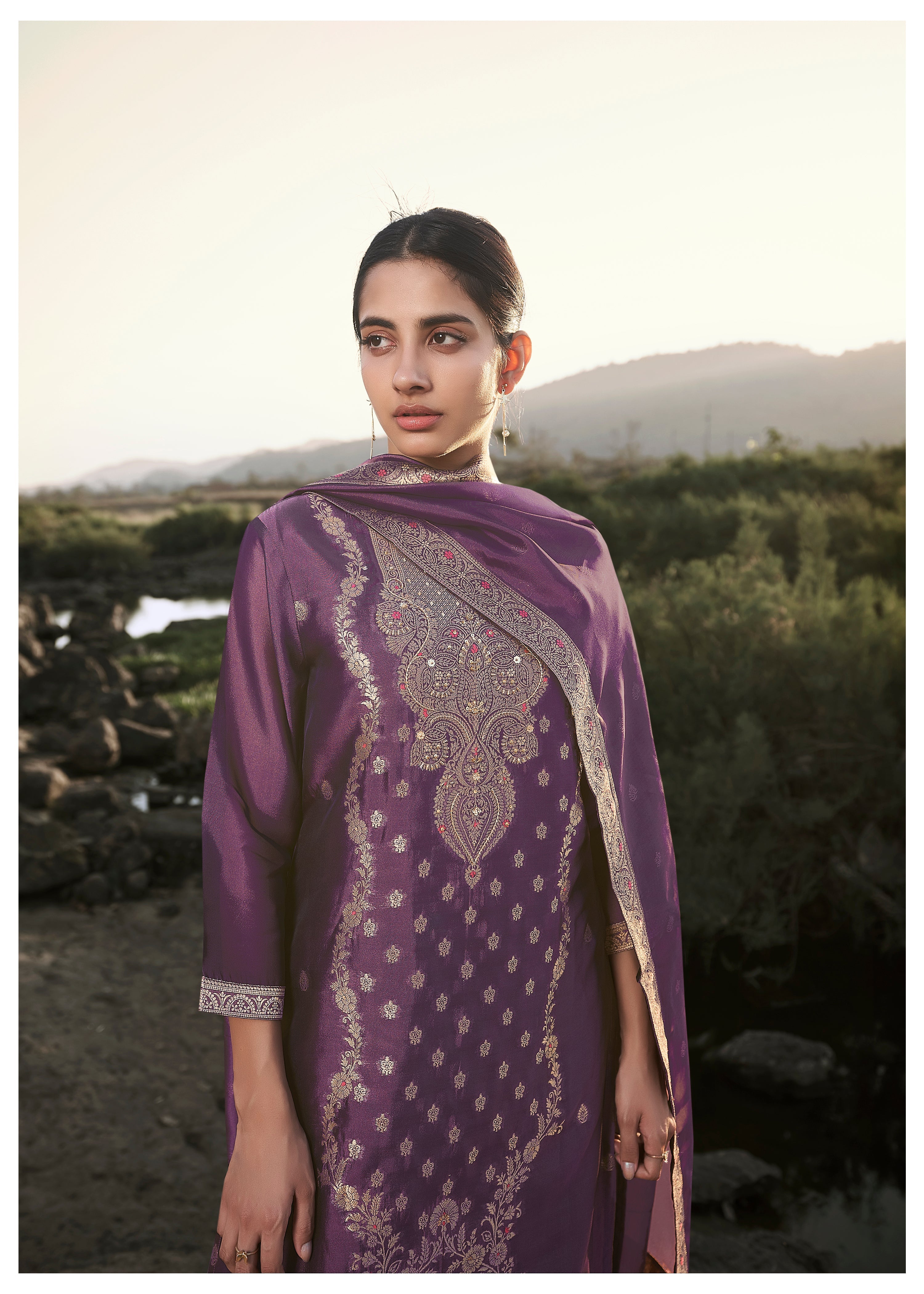 Purple Top Dyed Woven Kurta Set