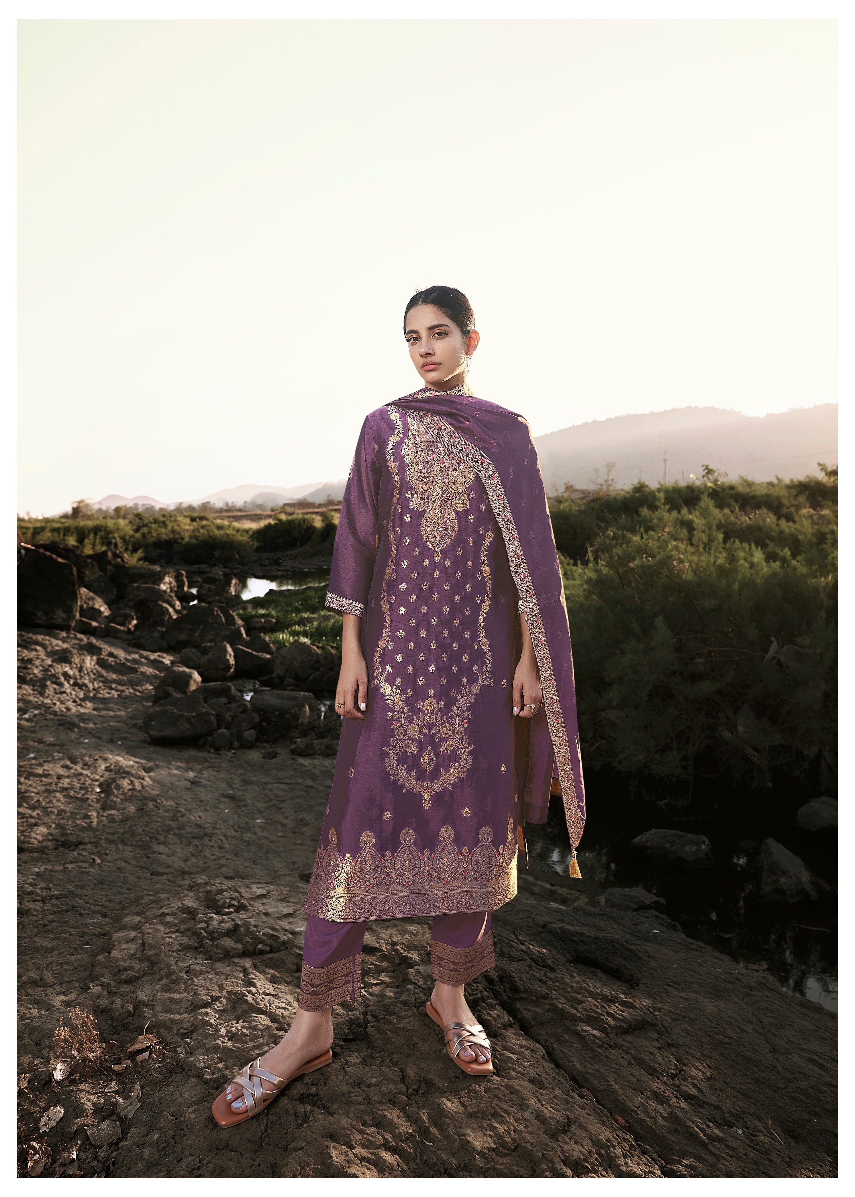 Purple Top Dyed Woven Kurta Set