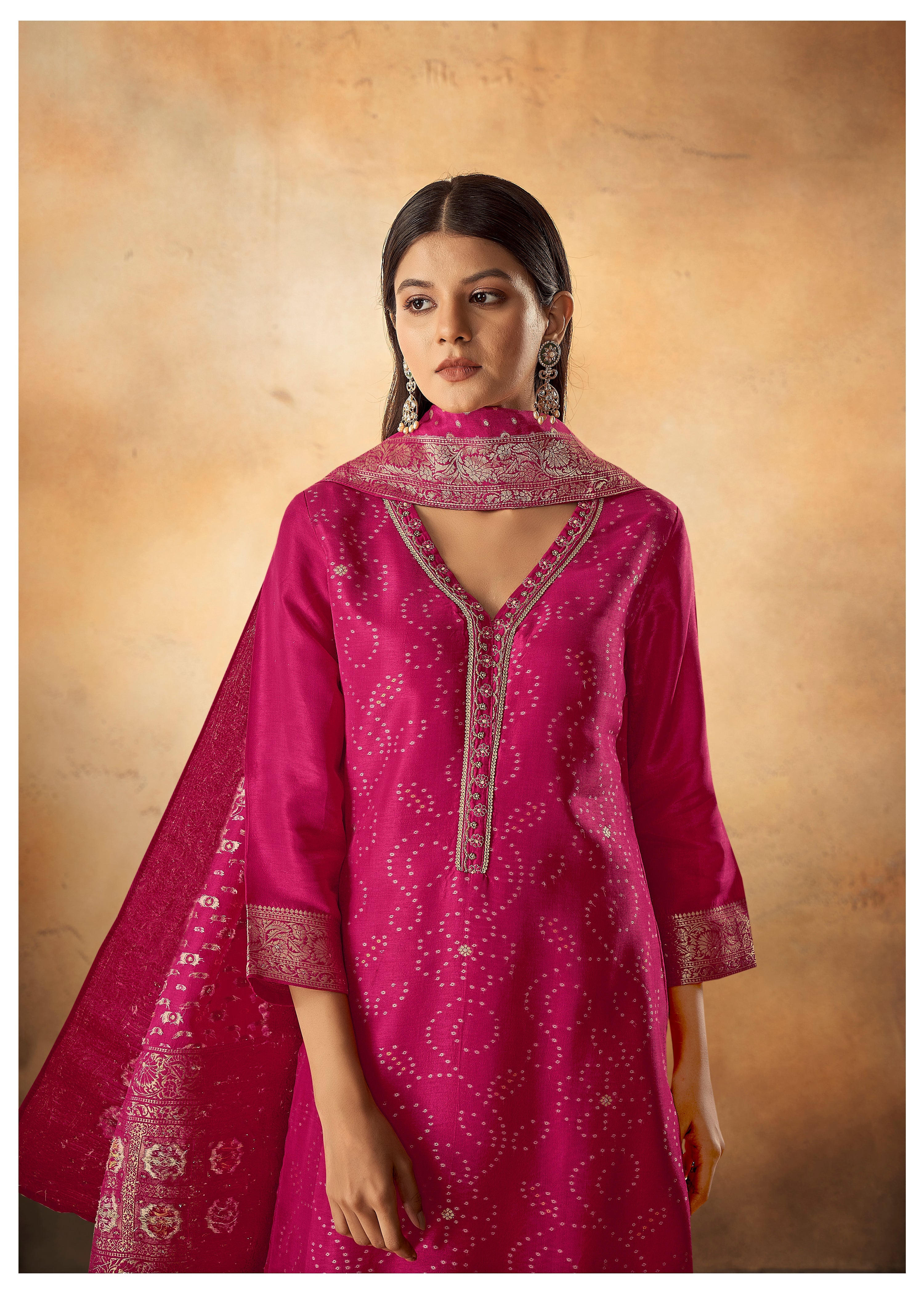 Rani Bandhani Woven Kurta Set