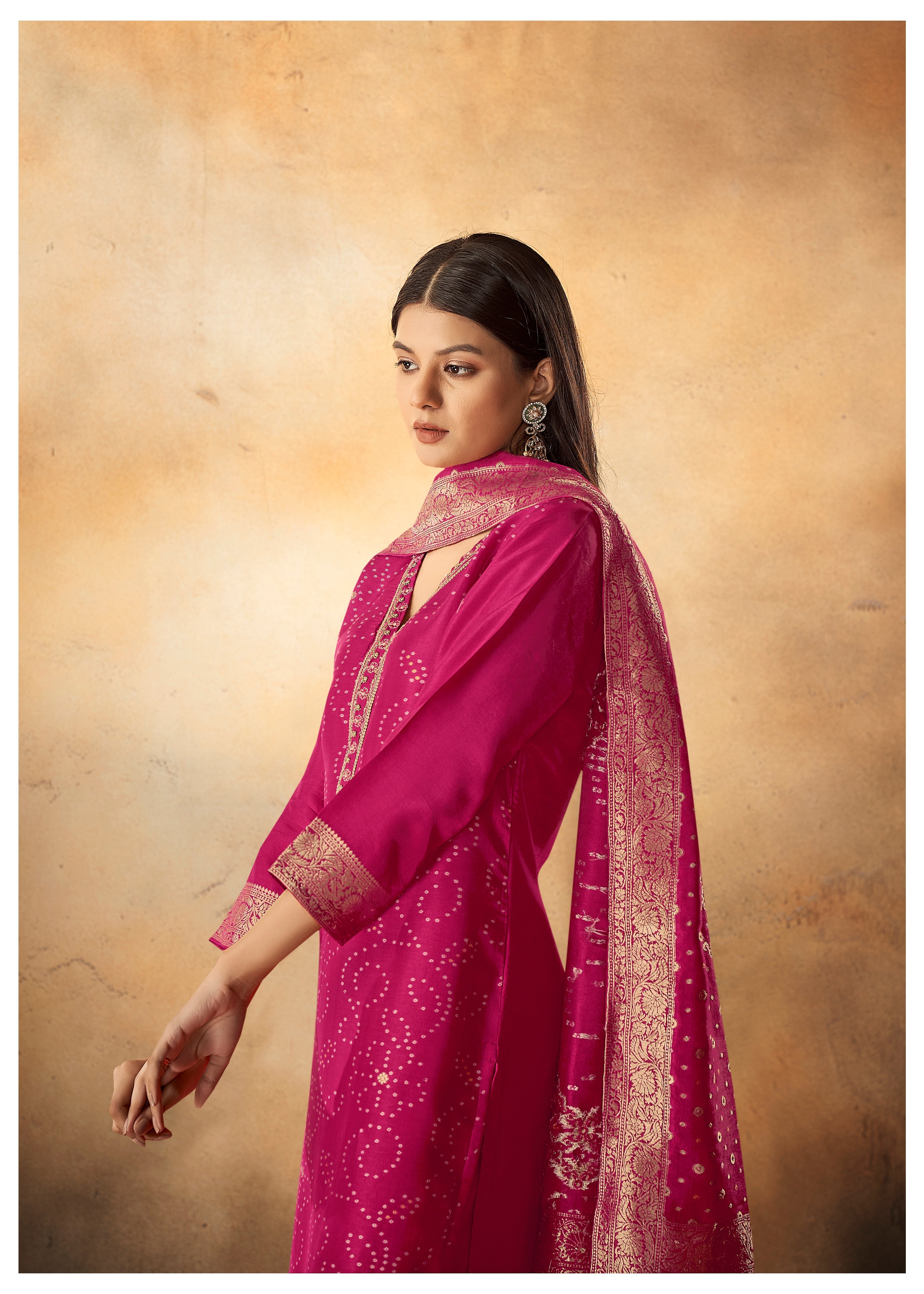 Rani Bandhani Woven Kurta Set