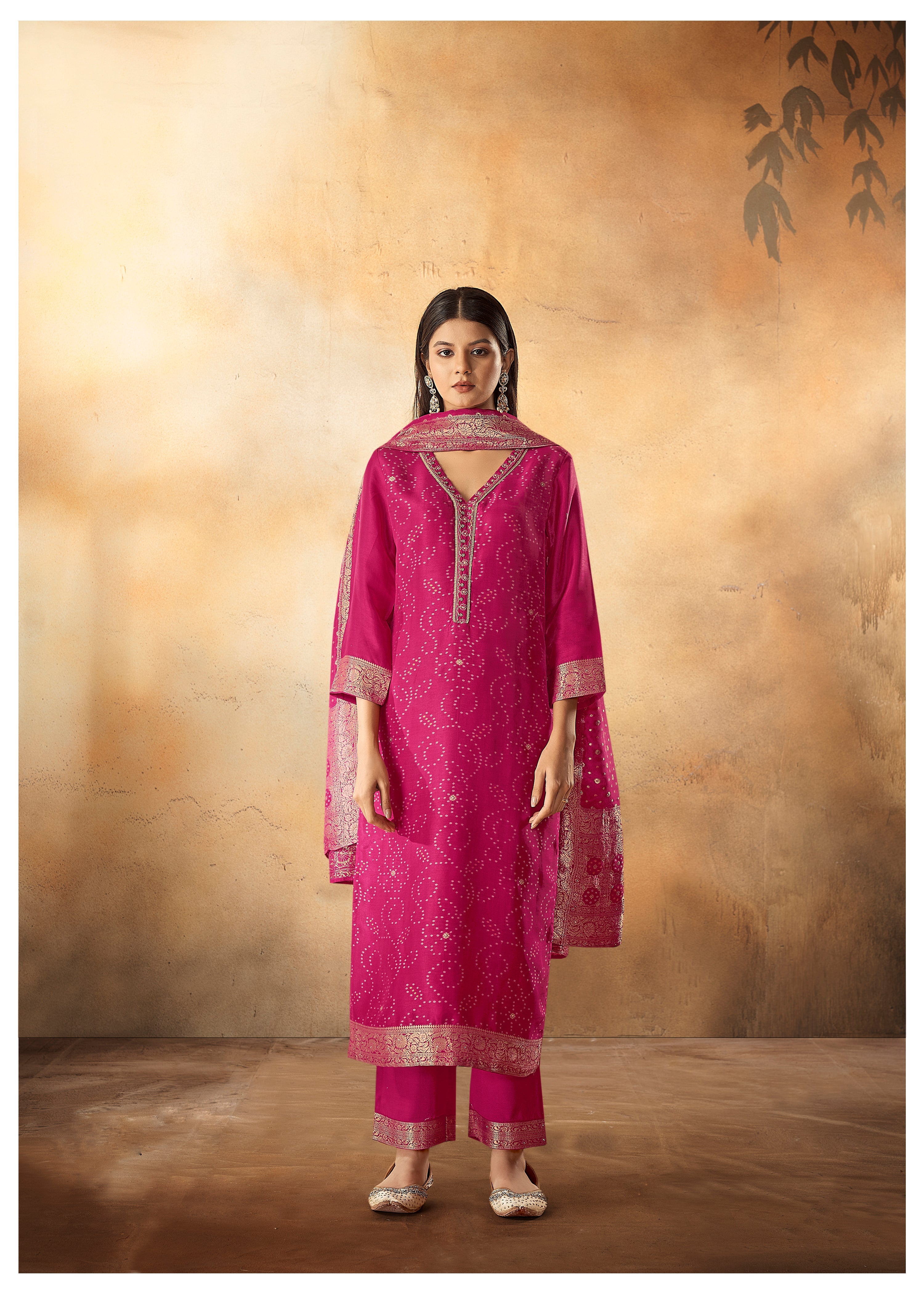 Rani Bandhani Woven Kurta Set