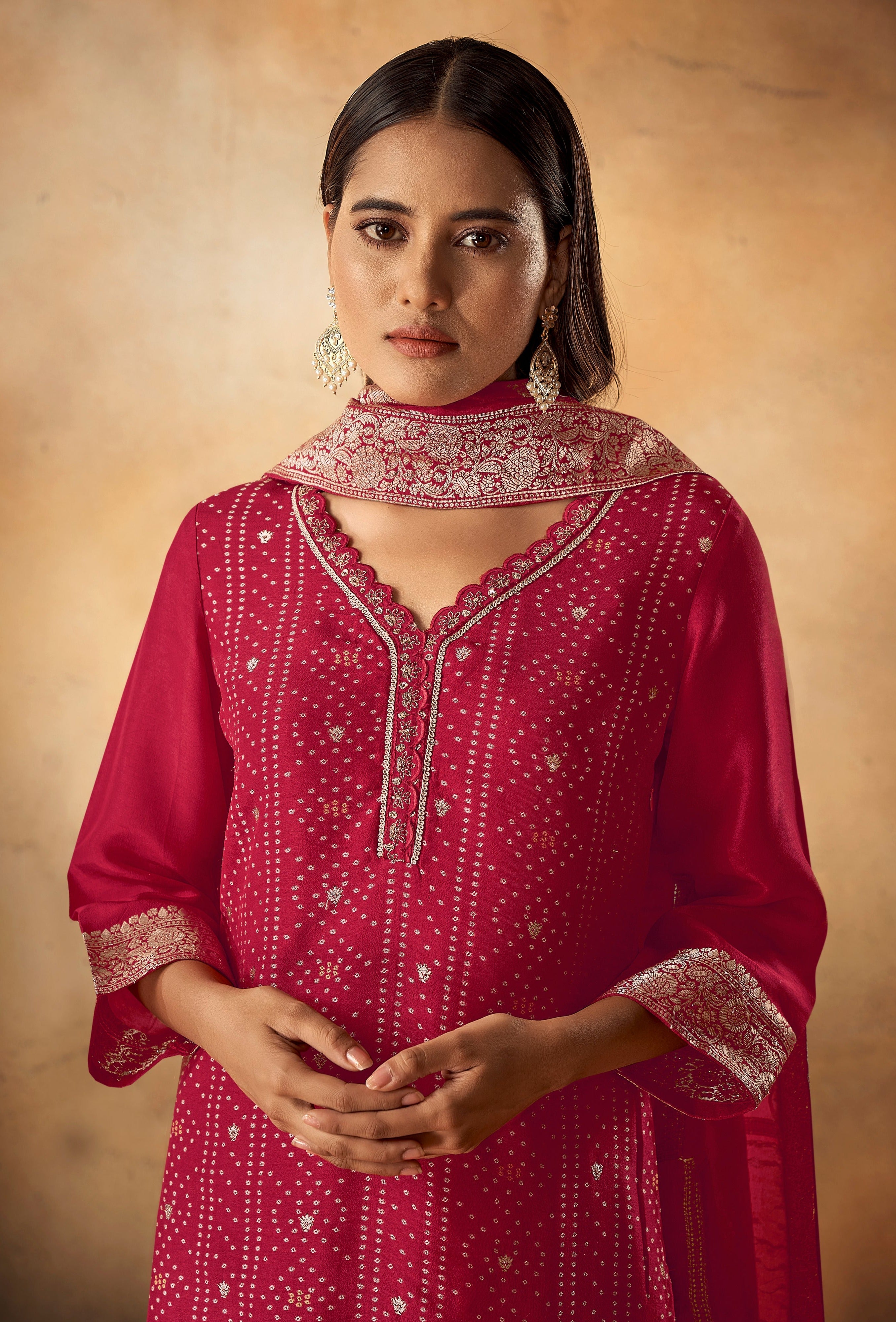 Red Bandhani Woven Kurta Set