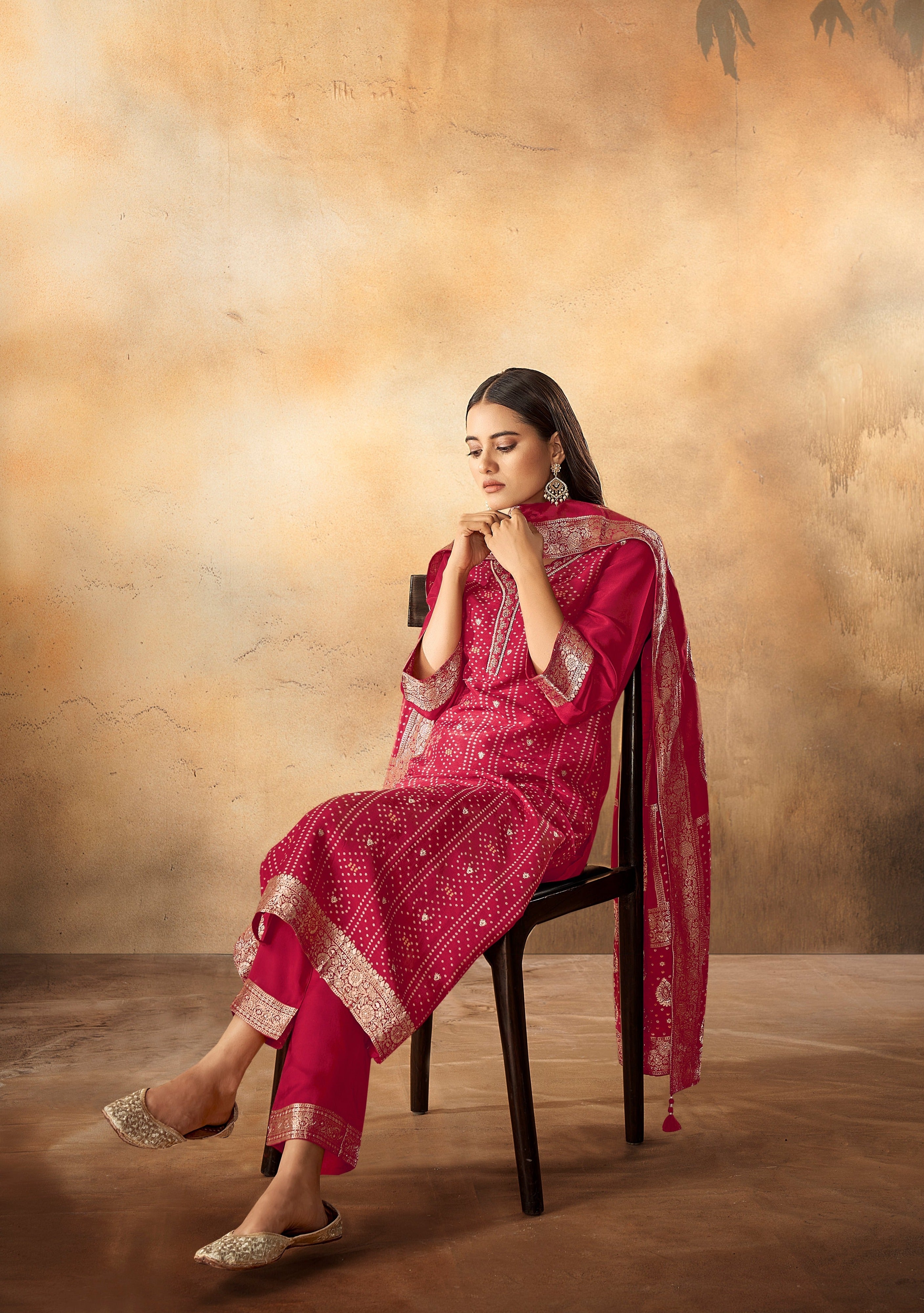 Red Bandhani Woven Kurta Set