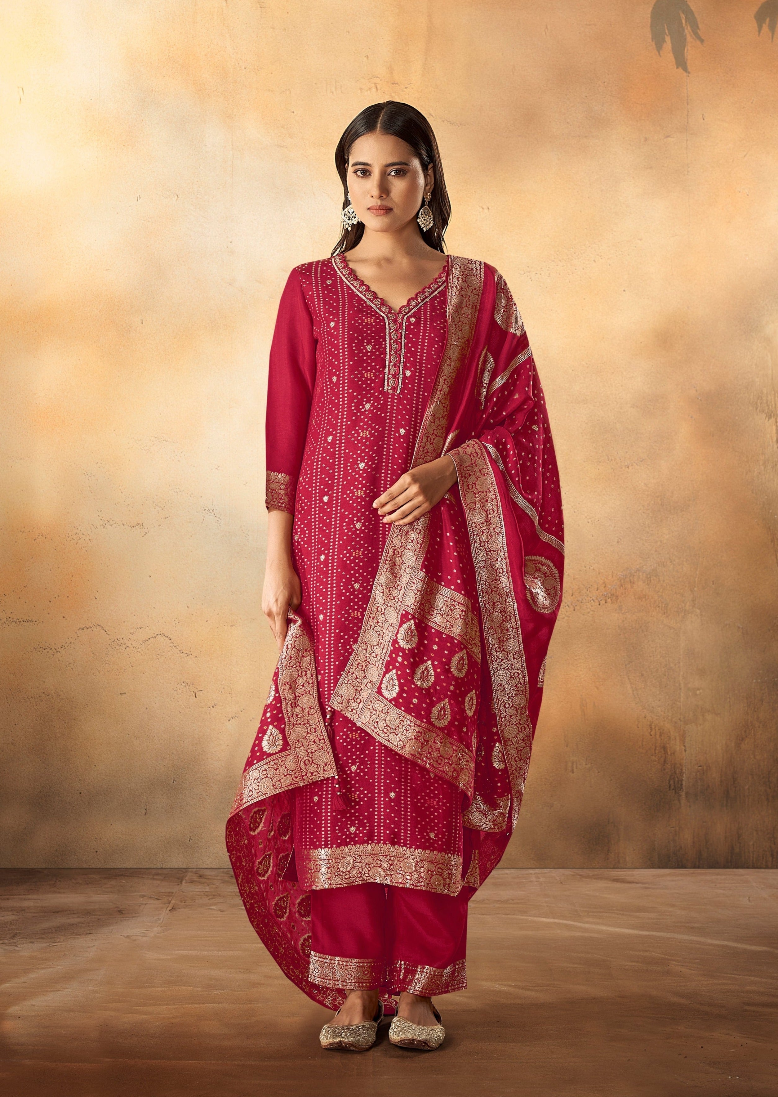 Red Bandhani Woven Kurta Set
