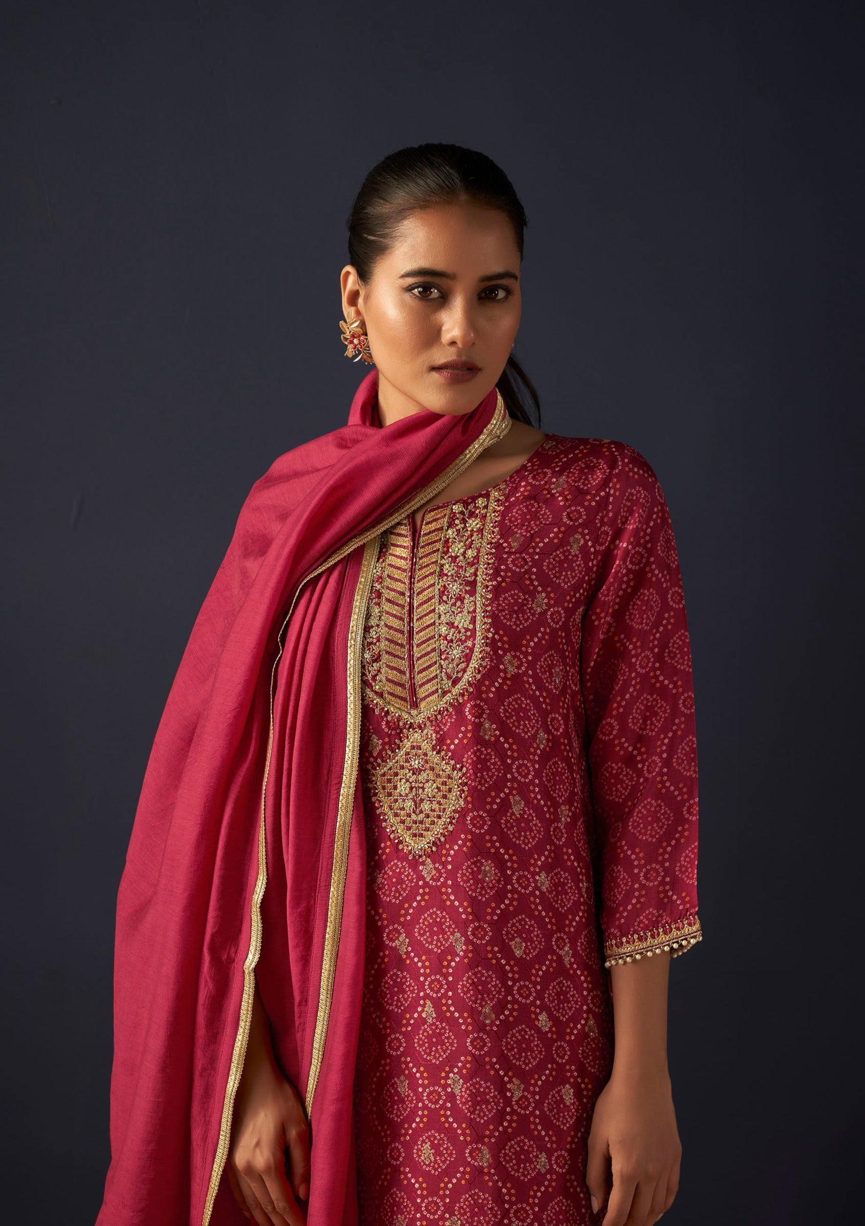 Red Jacquard Digital Print Silk Kurta Set