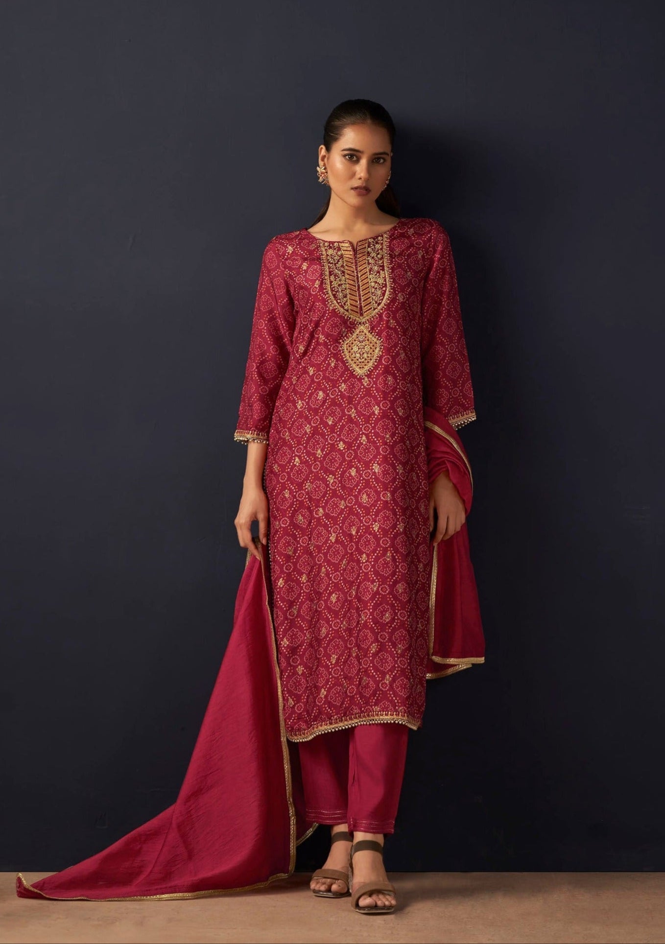 Red Jacquard Digital Print Silk Kurta Set
