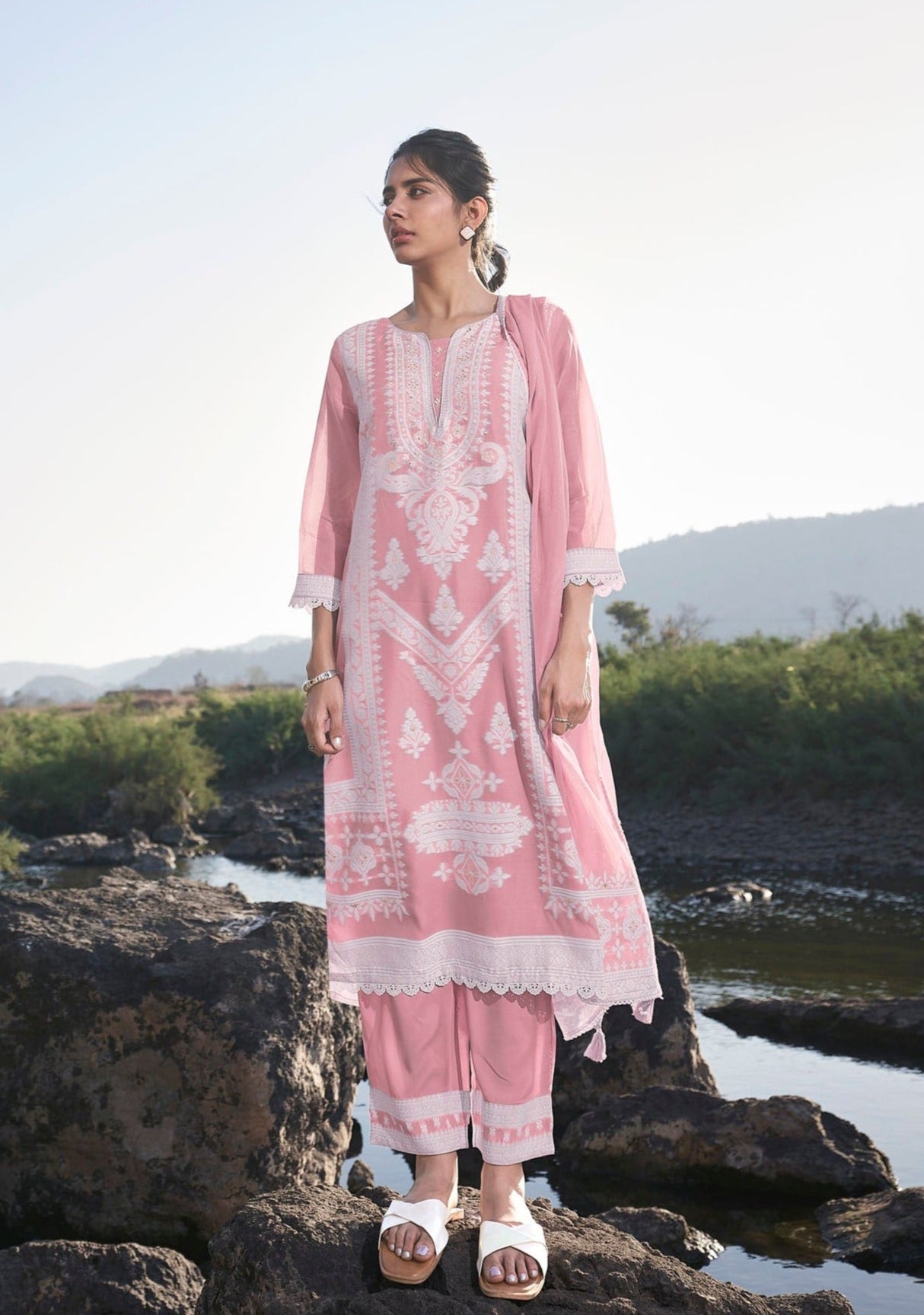 Salmon Stained Woven Kurta Set