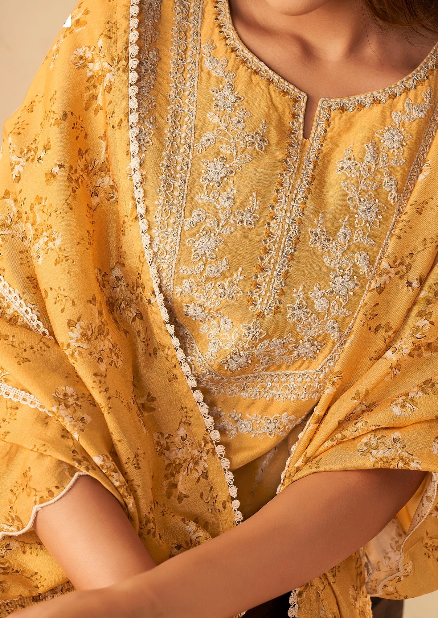 Sunshine Saffron Muslin Embroidery Kurta Set