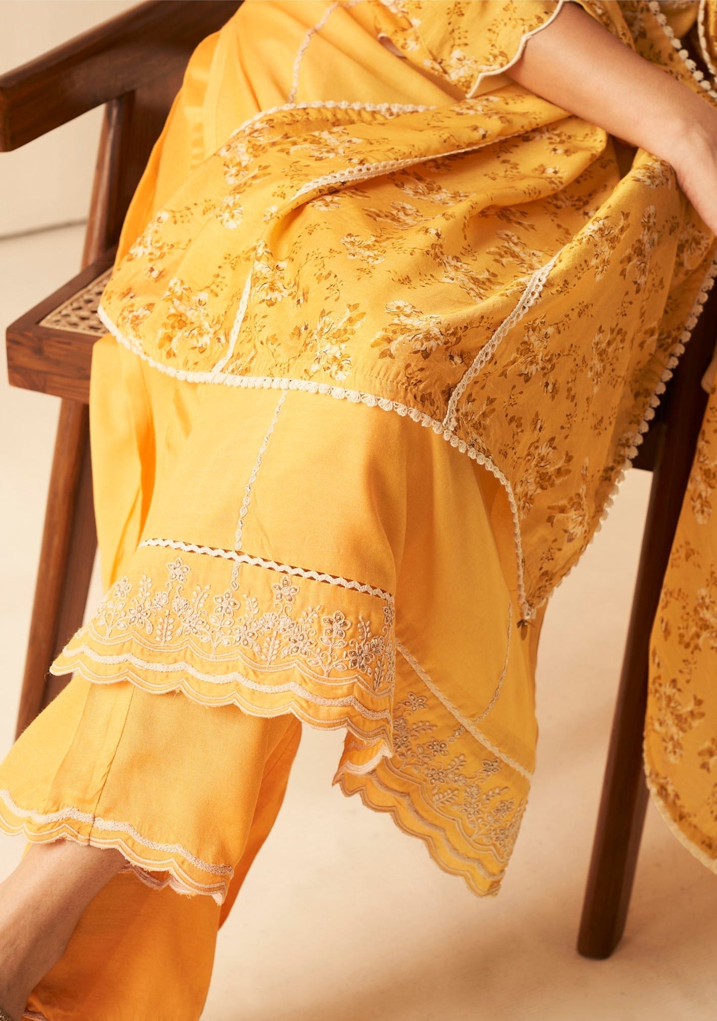 Sunshine Saffron Muslin Embroidery Kurta Set