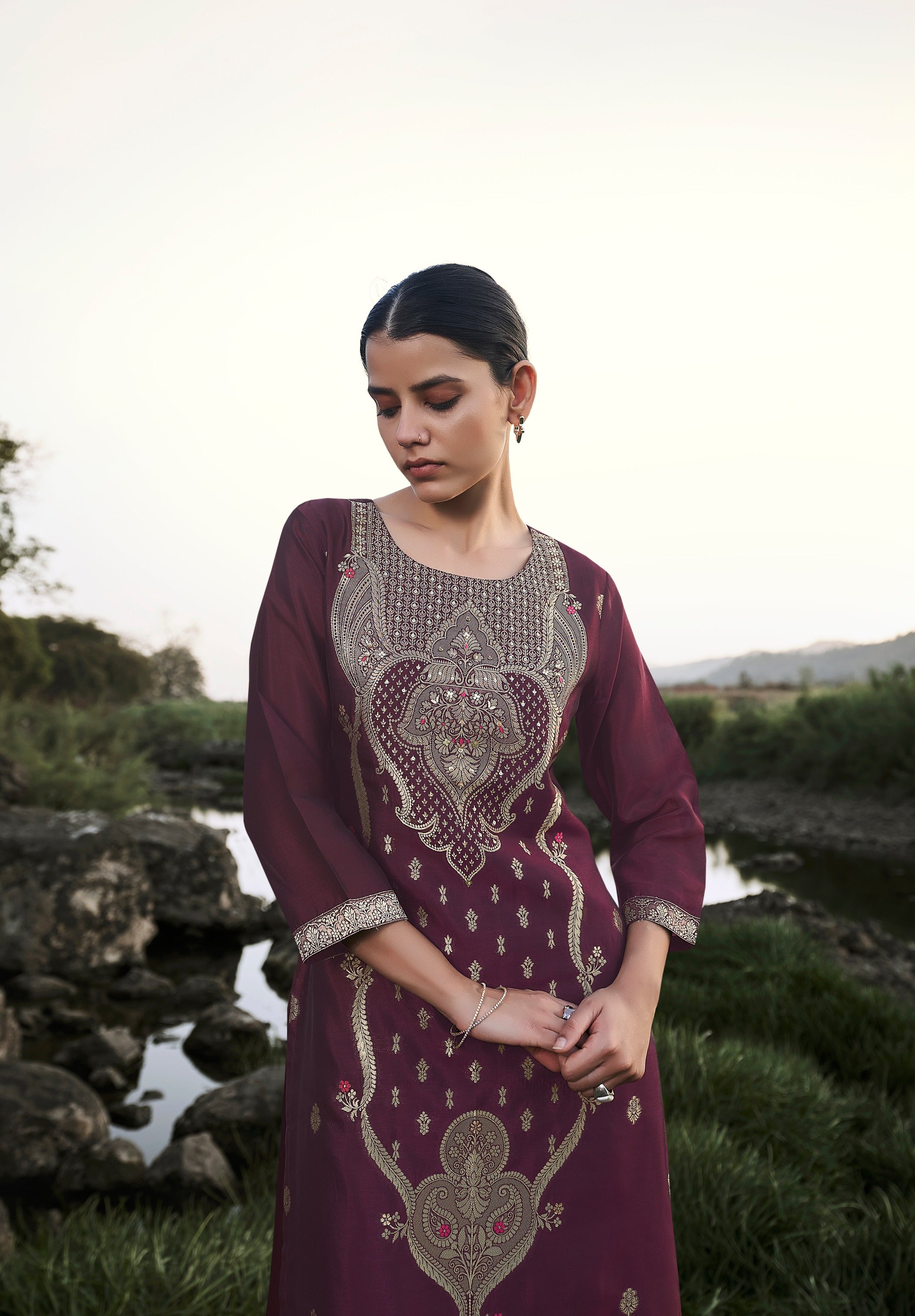 Wine Top Dyed Woven Silk Kurta Set