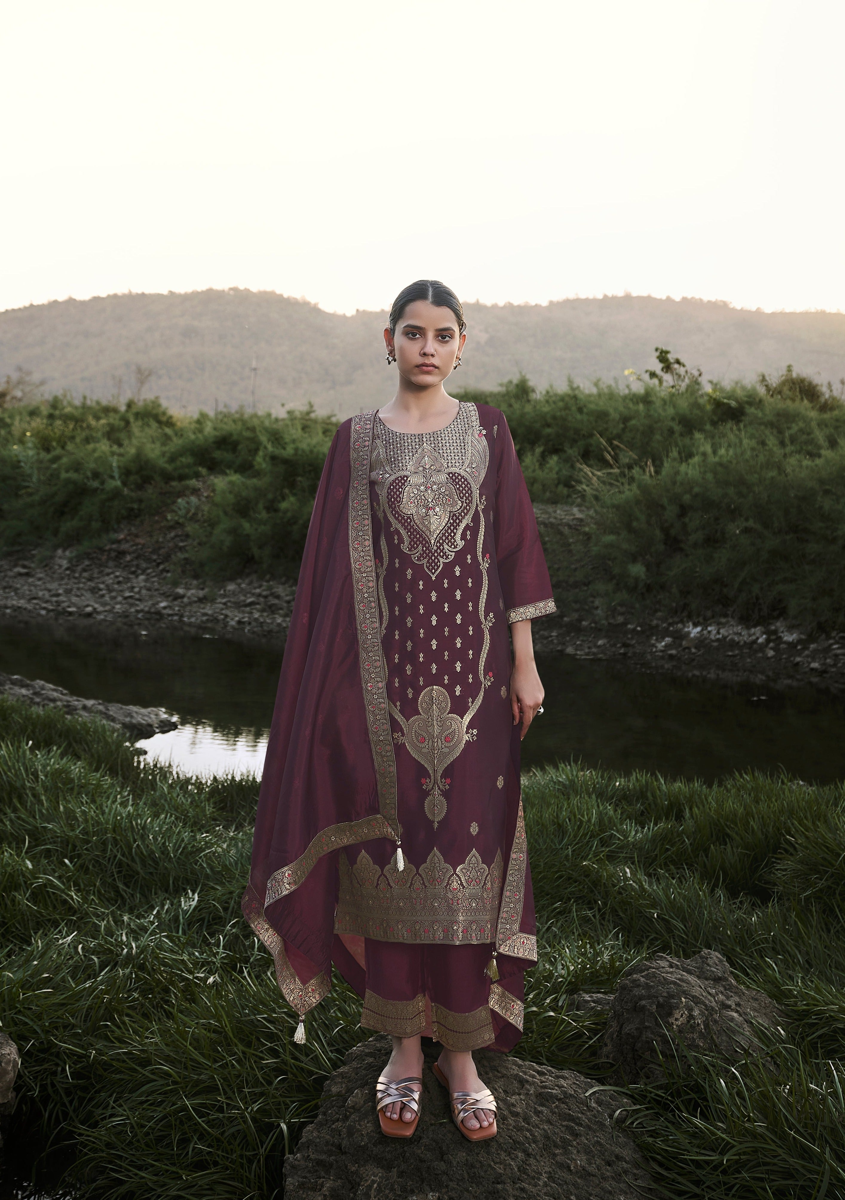 Wine Top Dyed Woven Silk Kurta Set