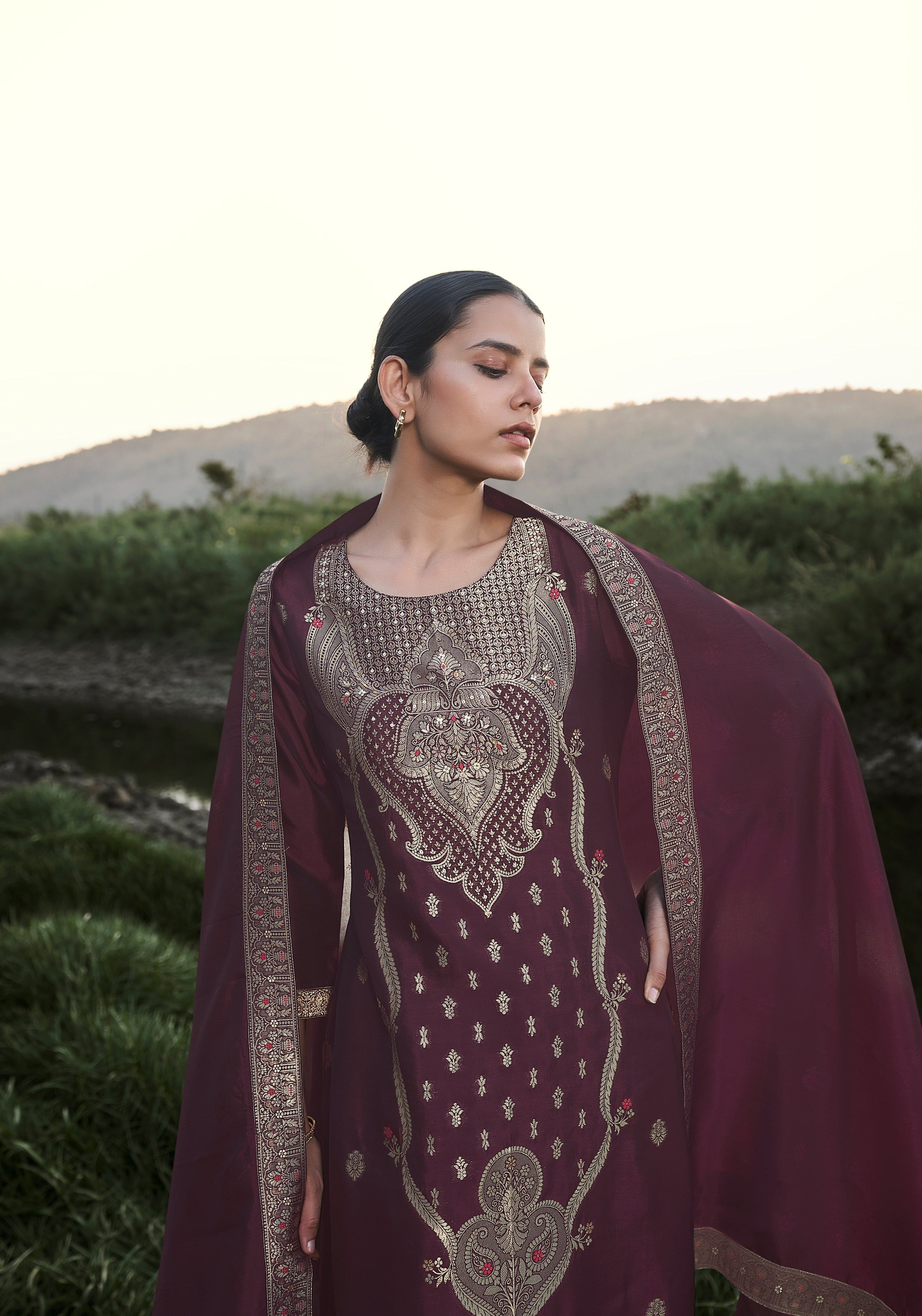 Wine Top Dyed Woven Silk Kurta Set